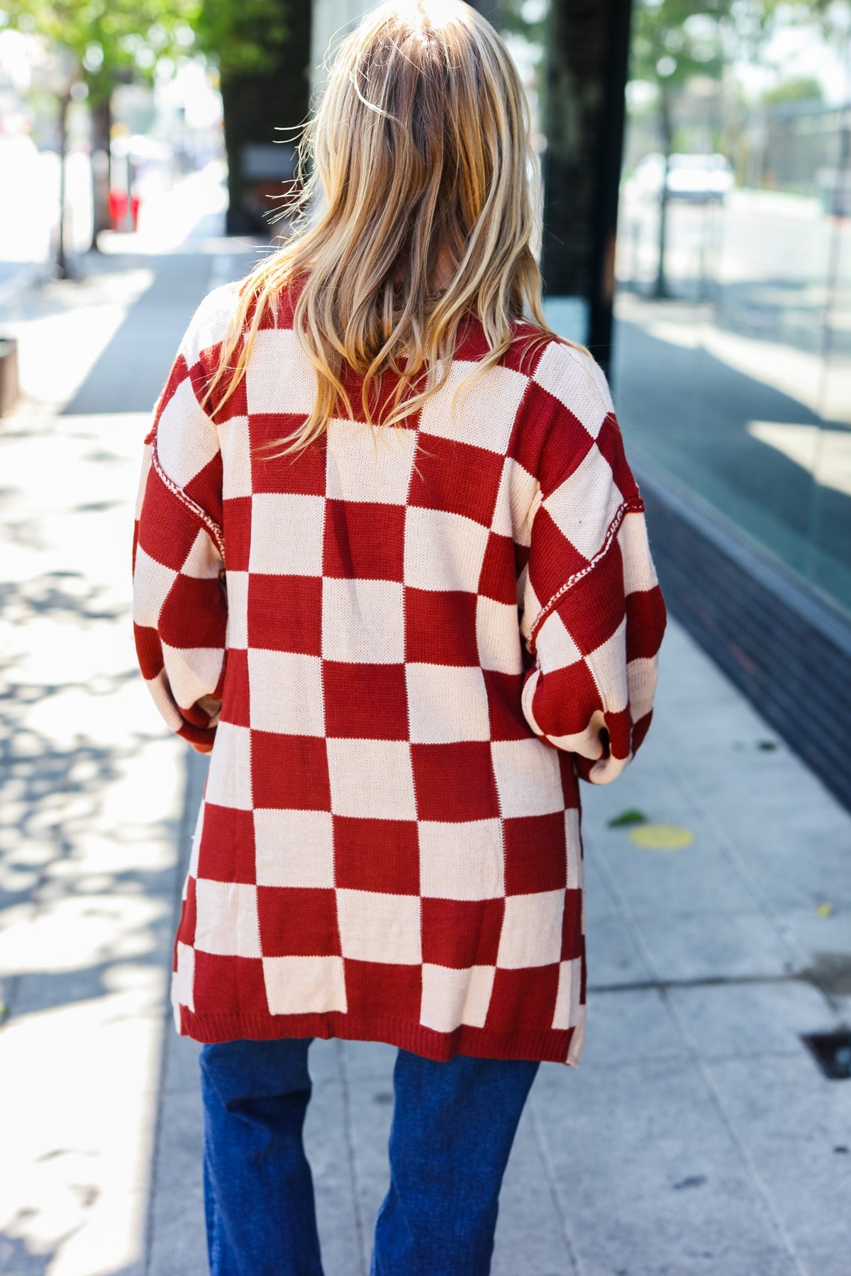 Rust Checkered Open Cardigan