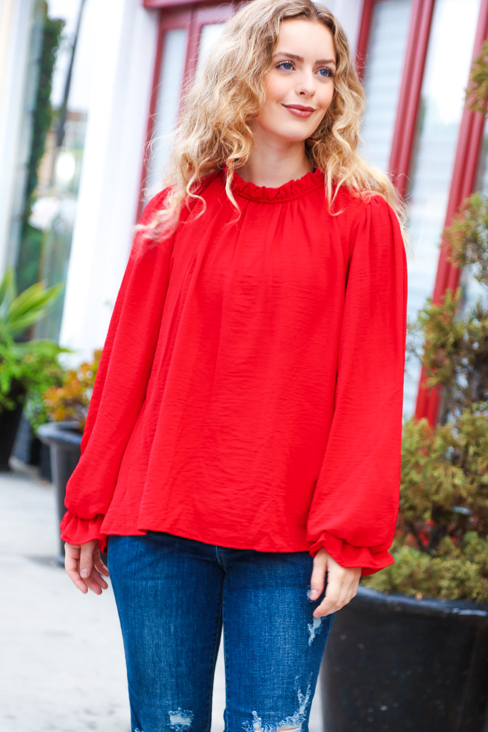 Red Frill Mock Neck Crinkle Woven Top