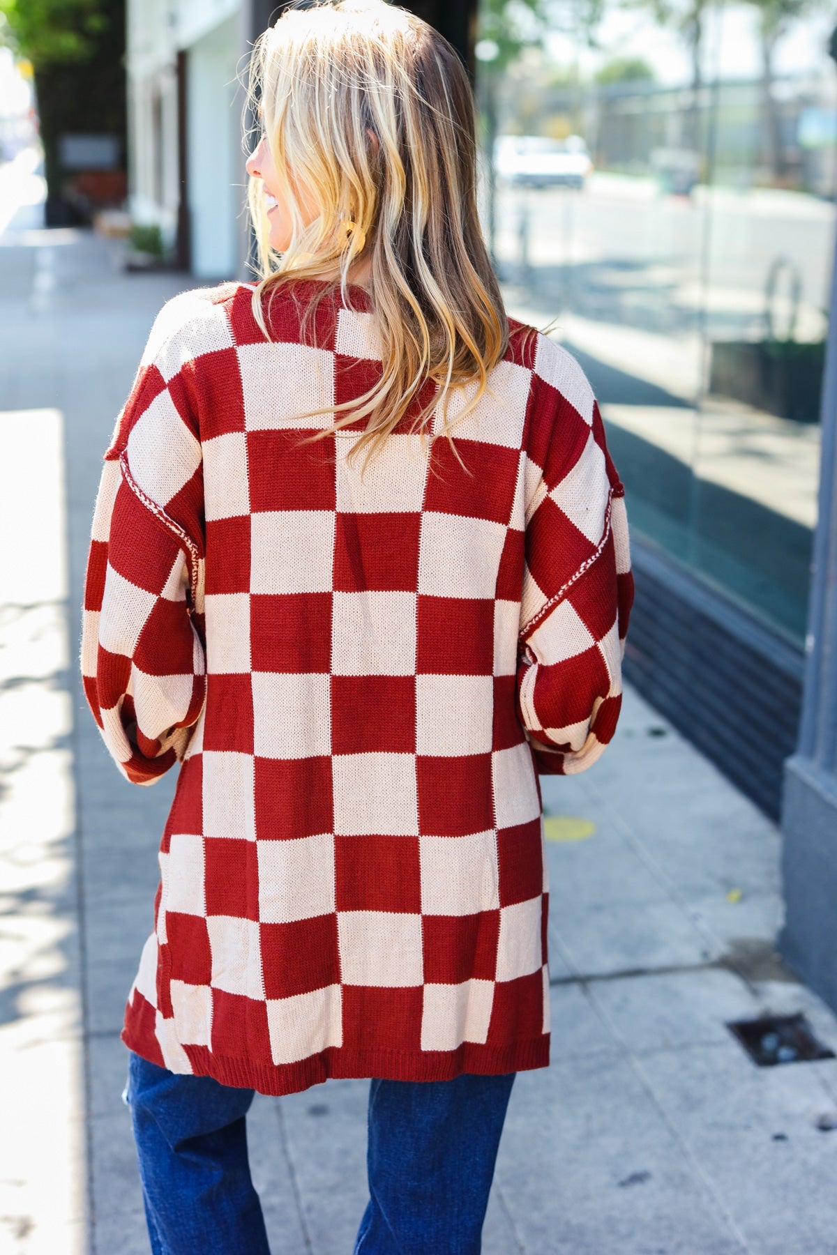 Rust Checkered Open Cardigan