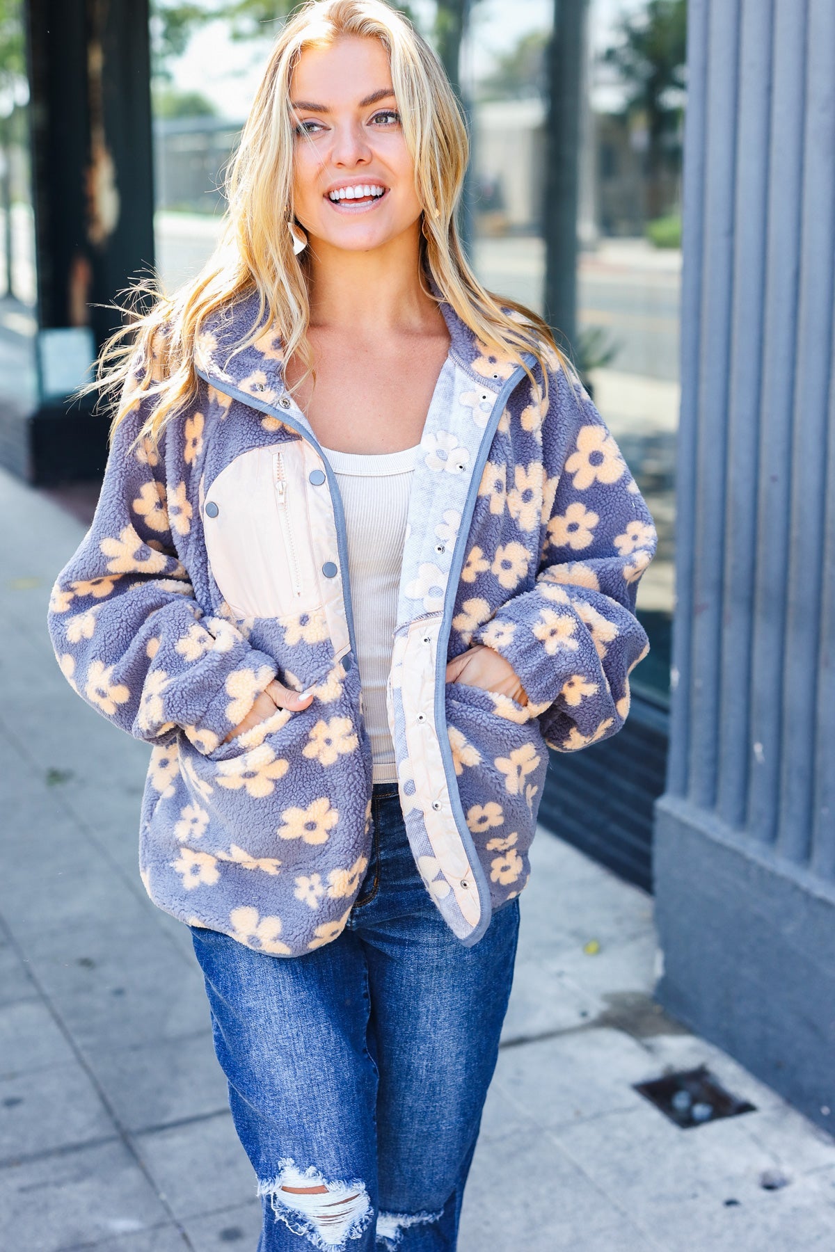 Grey Flower Sherpa Button Down Jacket