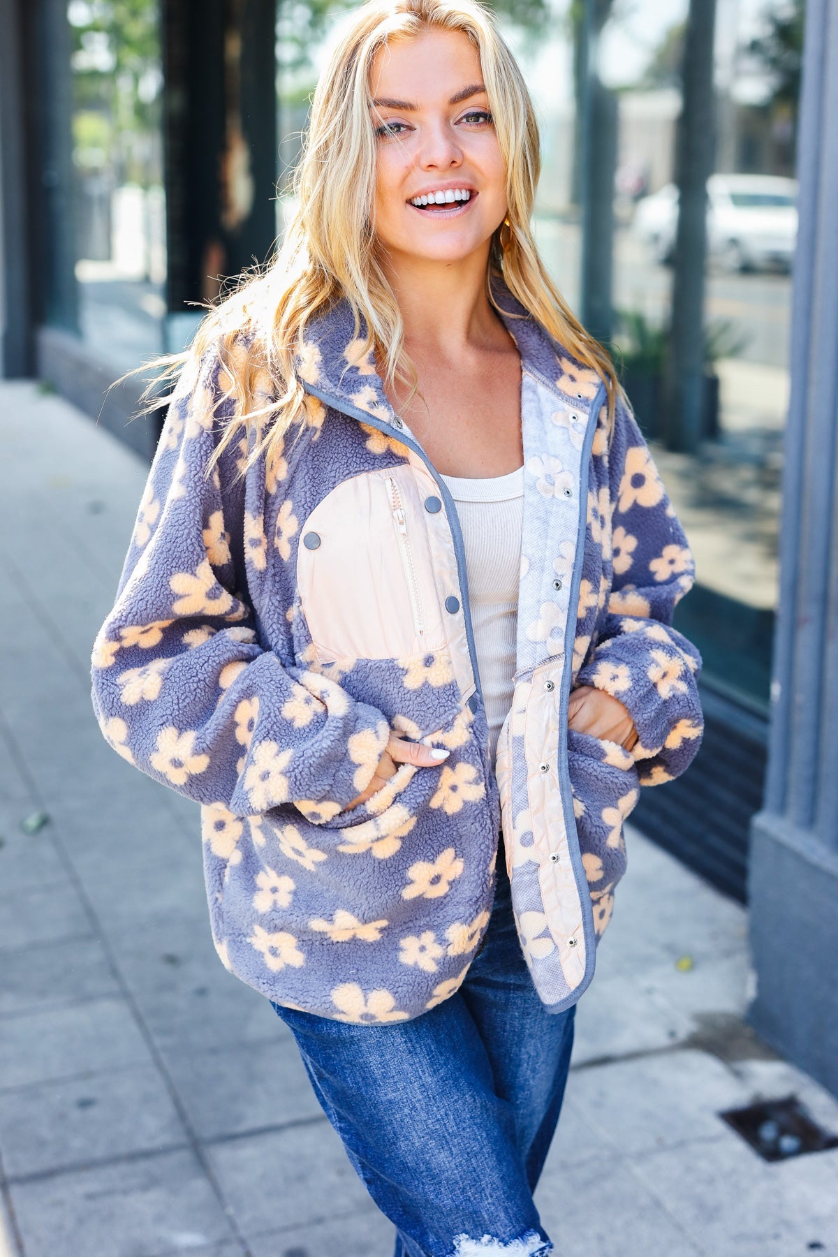 Grey Flower Sherpa Button Down Jacket