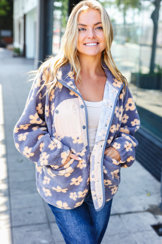 Grey Flower Sherpa Button Down Jacket