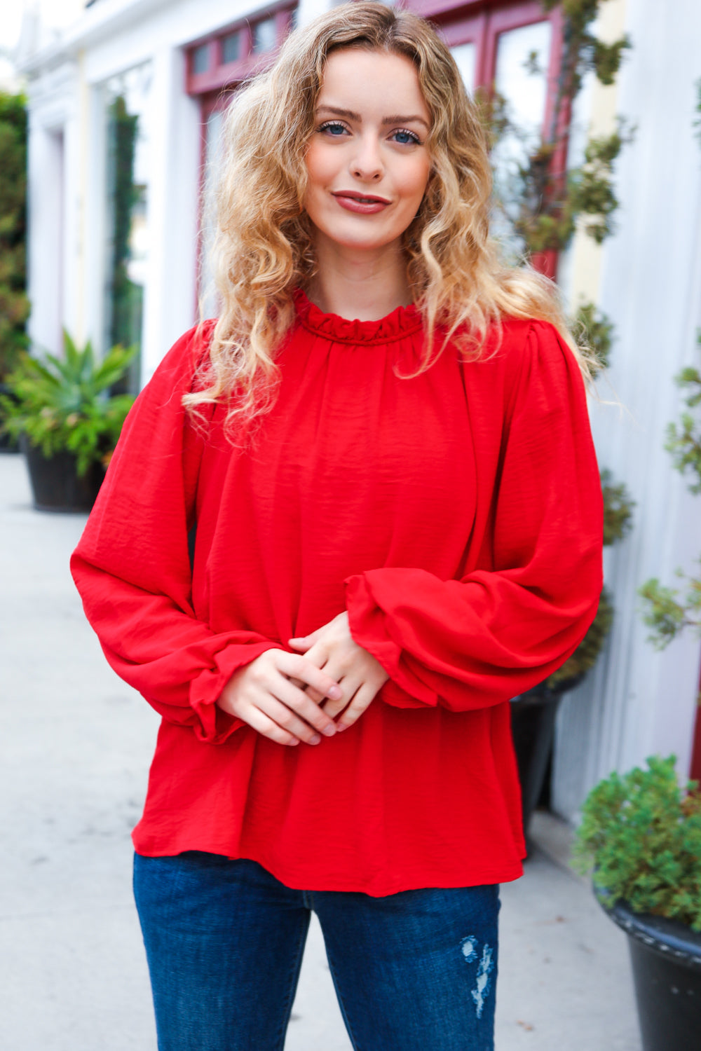 Red Frill Mock Neck Crinkle Woven Top