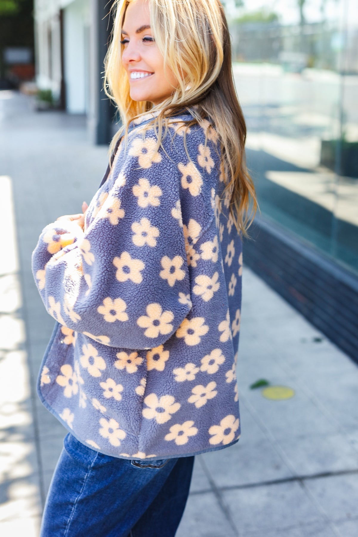 Grey Flower Sherpa Button Down Jacket