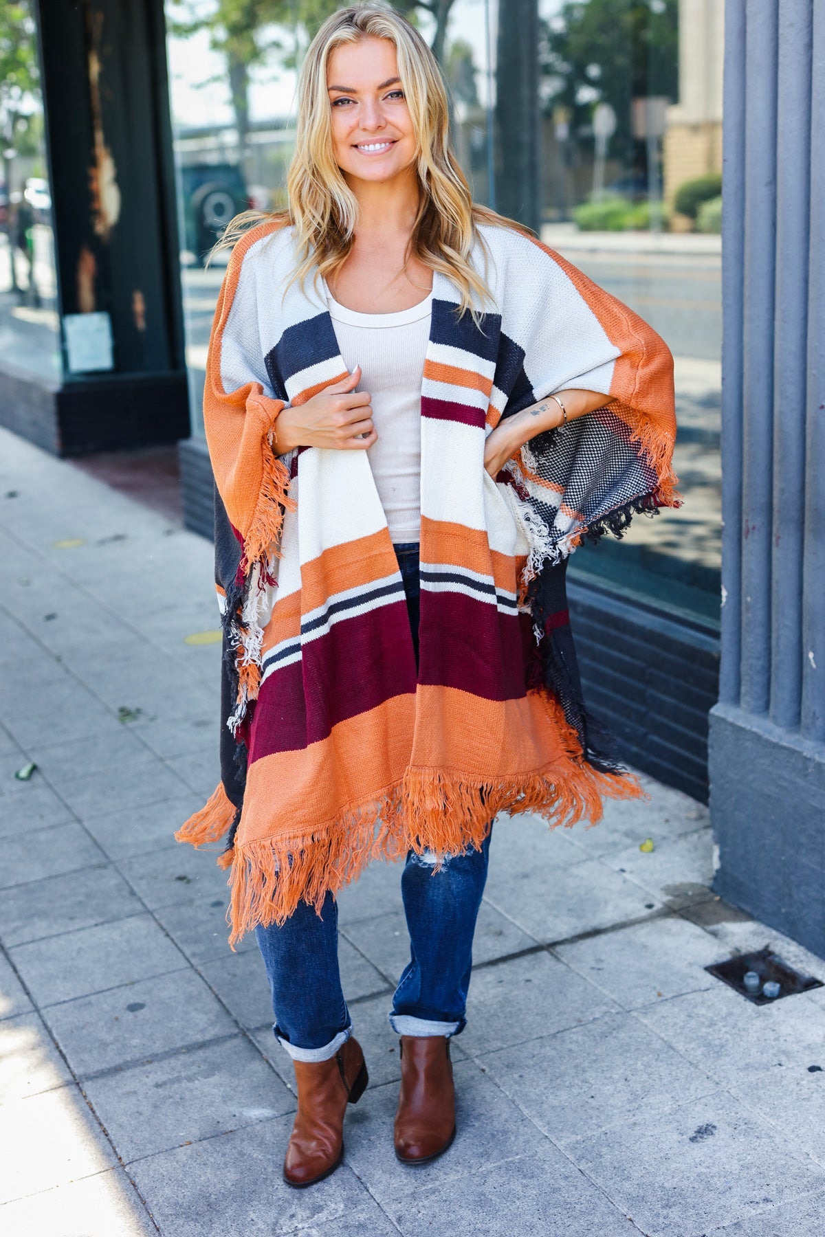 Rust Multicolor Stripe Tassel Fringe Open Poncho