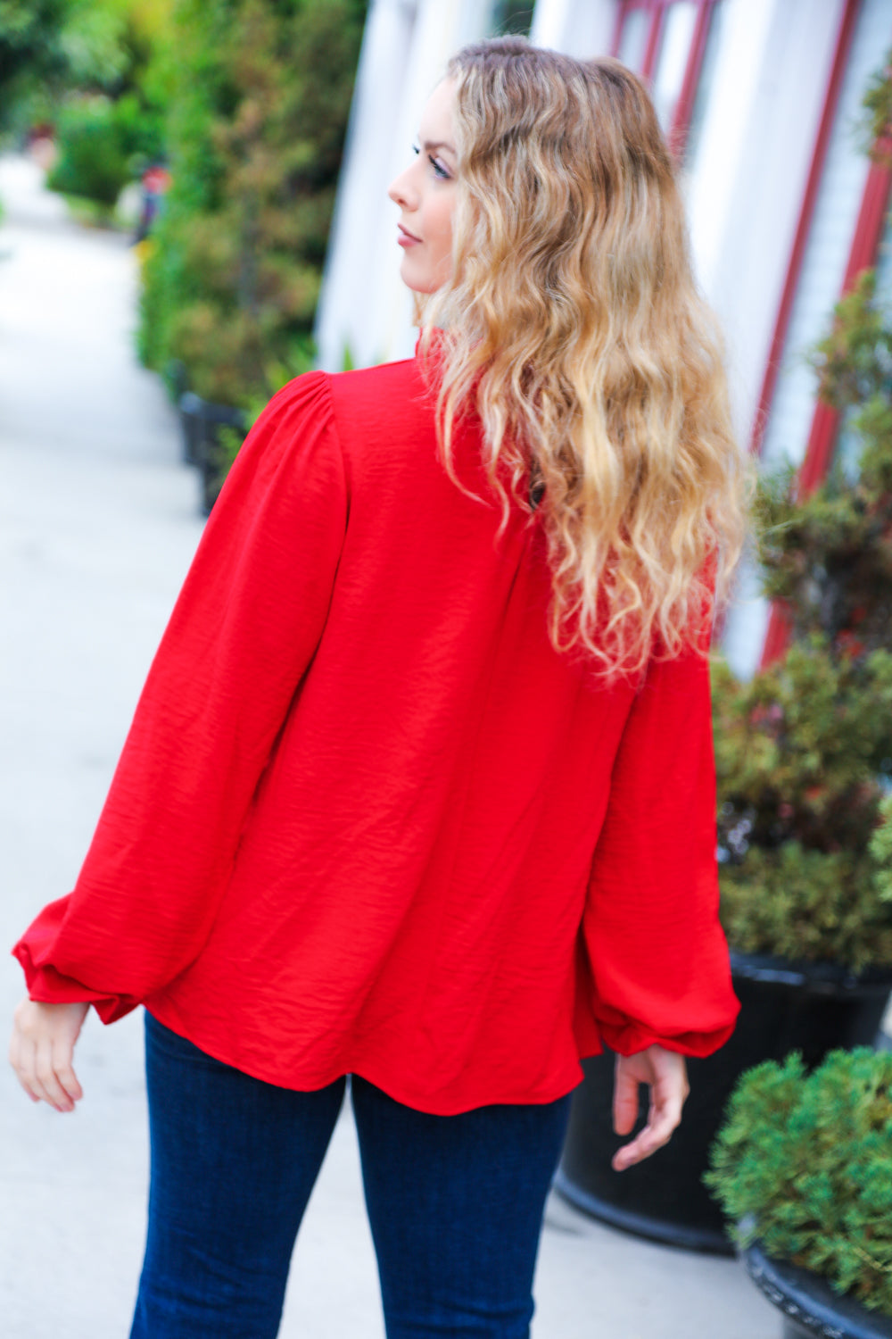 Red Frill Mock Neck Crinkle Woven Top