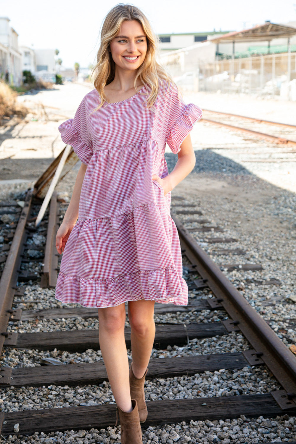 Red Gingham Ruffle Sleeve Tiered Dress