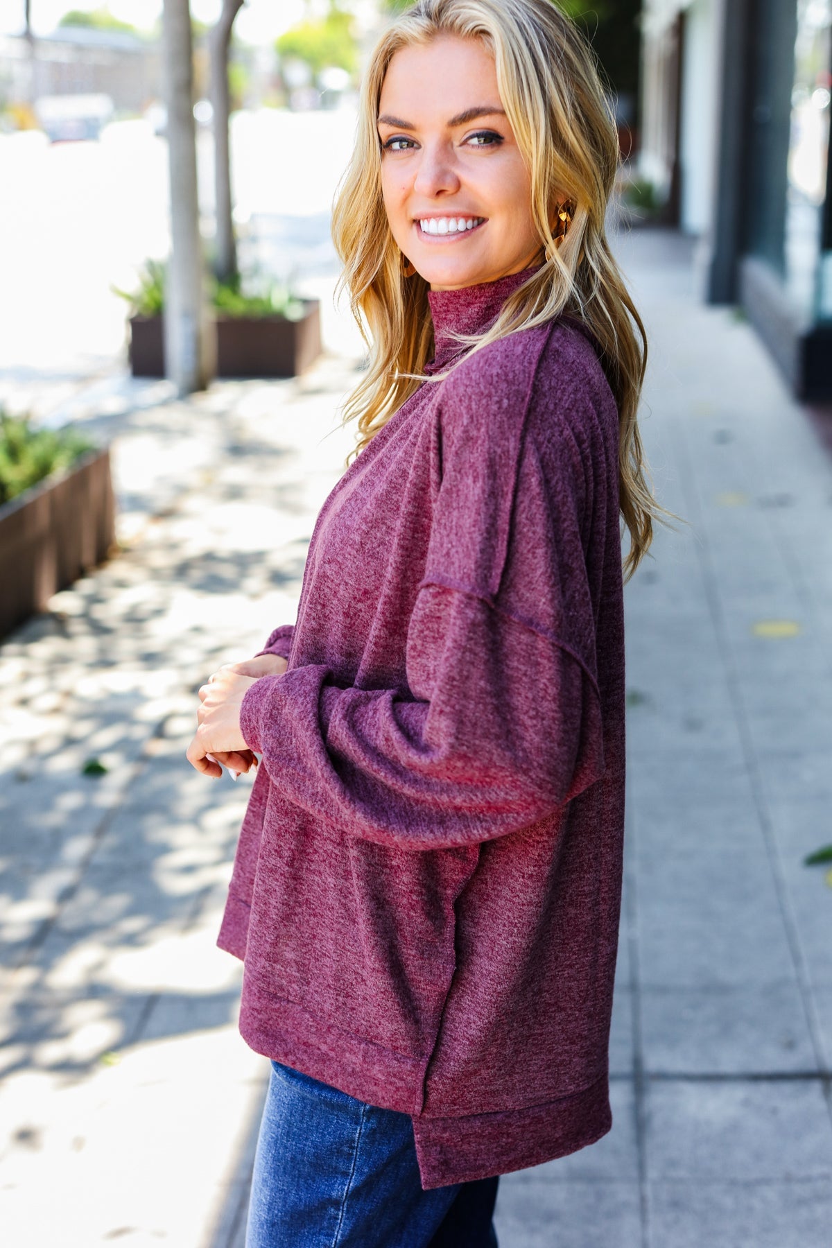 Burgundy Brushed Mélange Mock Neck Sweater