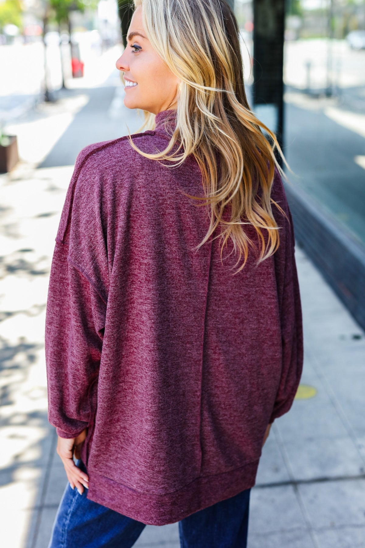 Burgundy Brushed Mélange Mock Neck Sweater