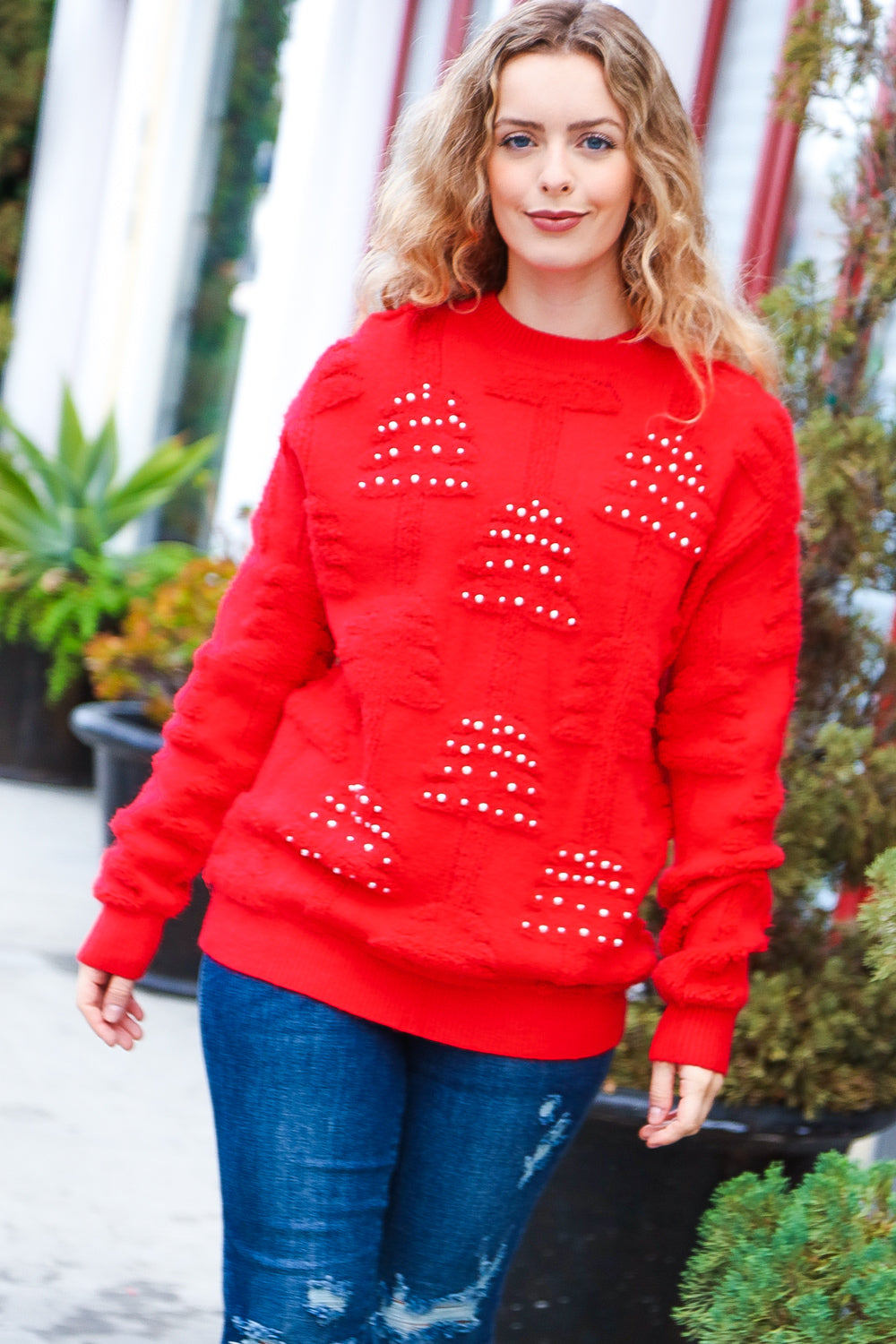 Red Pearl Christmas Tree Jacquard Sweater