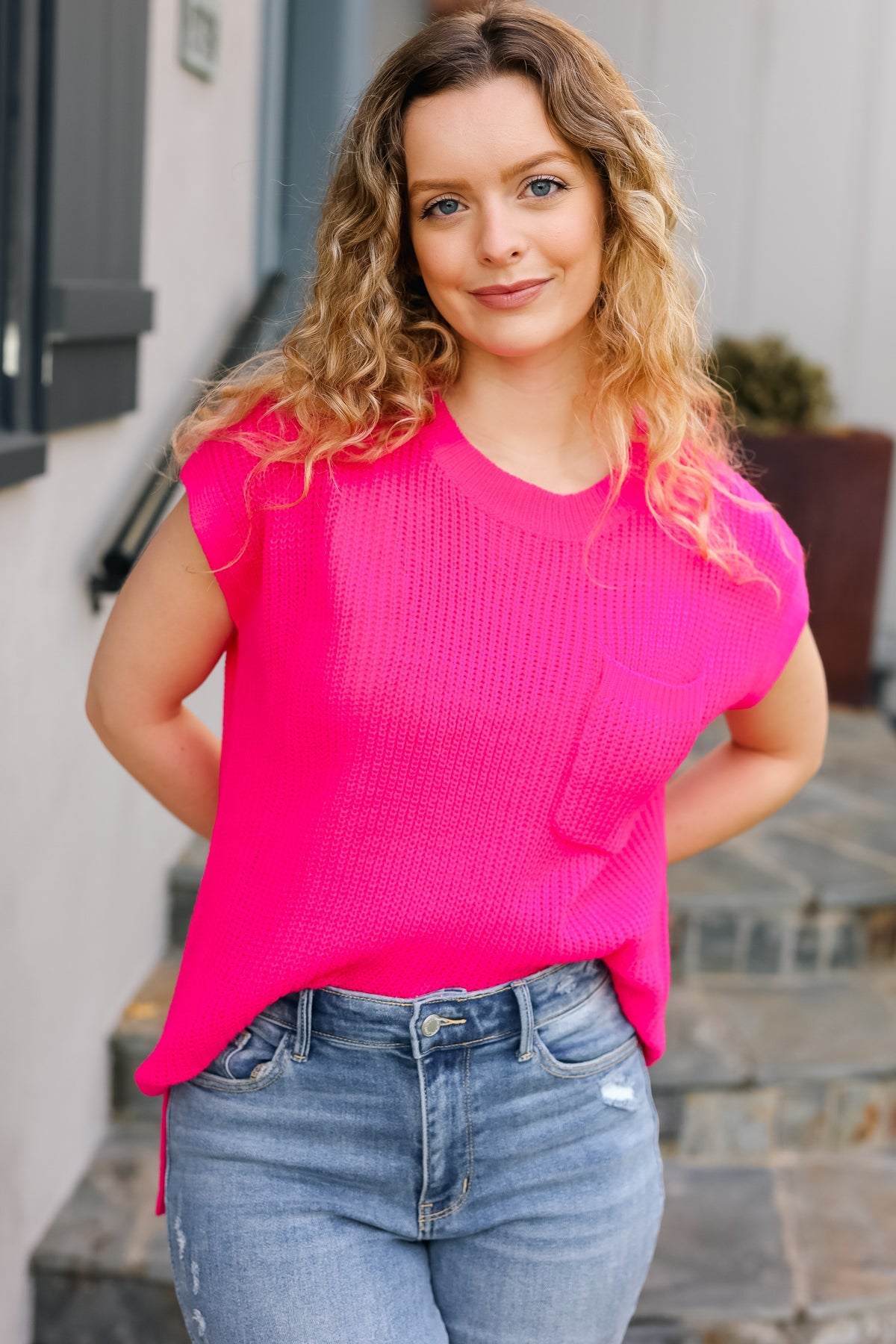 Hot Pink Dolman Ribbed Knit Sweater Top