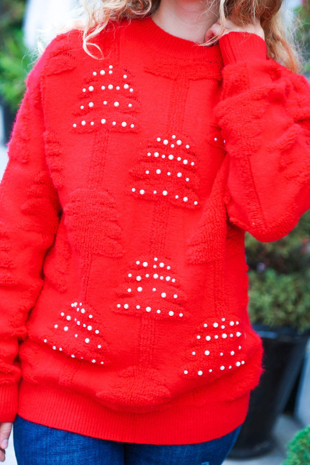 Red Pearl Christmas Tree Jacquard Sweater