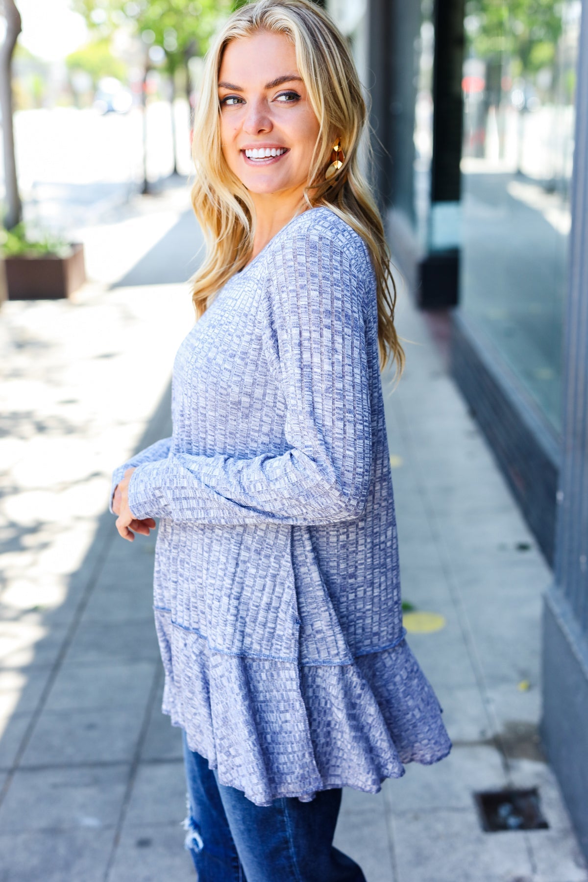 Navy Two Tone Wide Rib Tunic Top