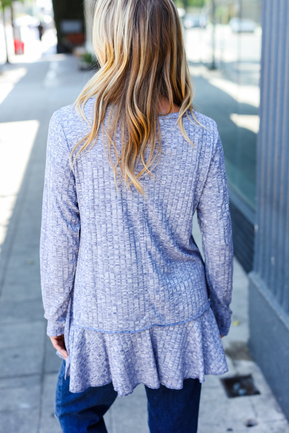 Navy Two Tone Wide Rib Tunic Top