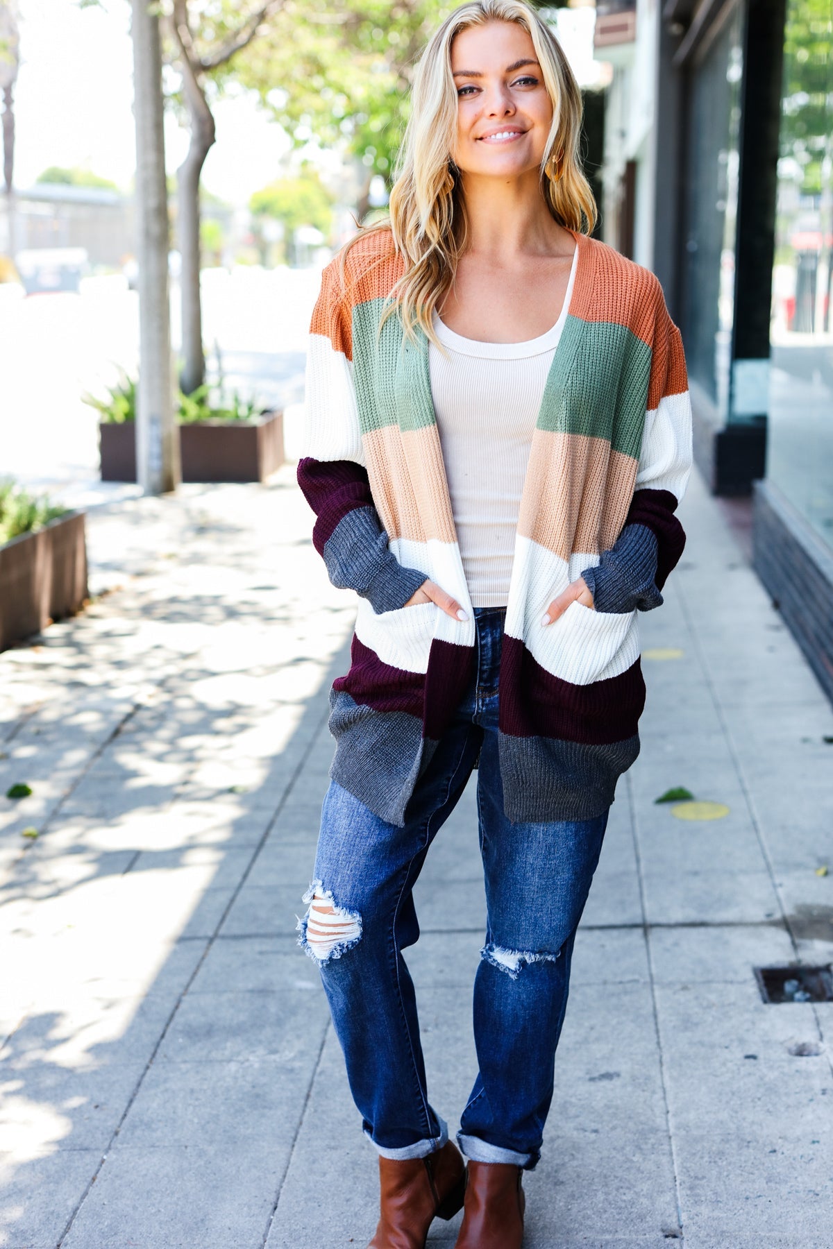 Plum & Olive Color Block Open Cardigan