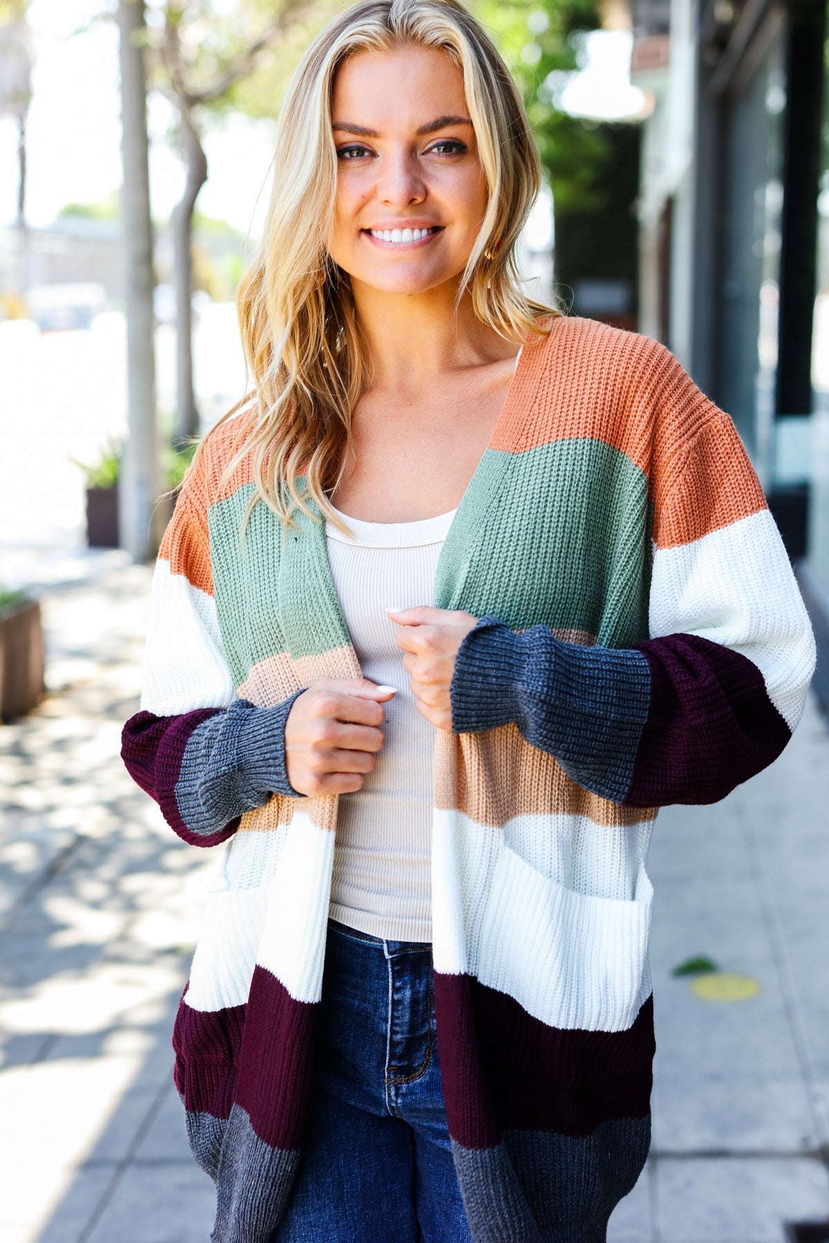 Plum & Olive Color Block Open Cardigan