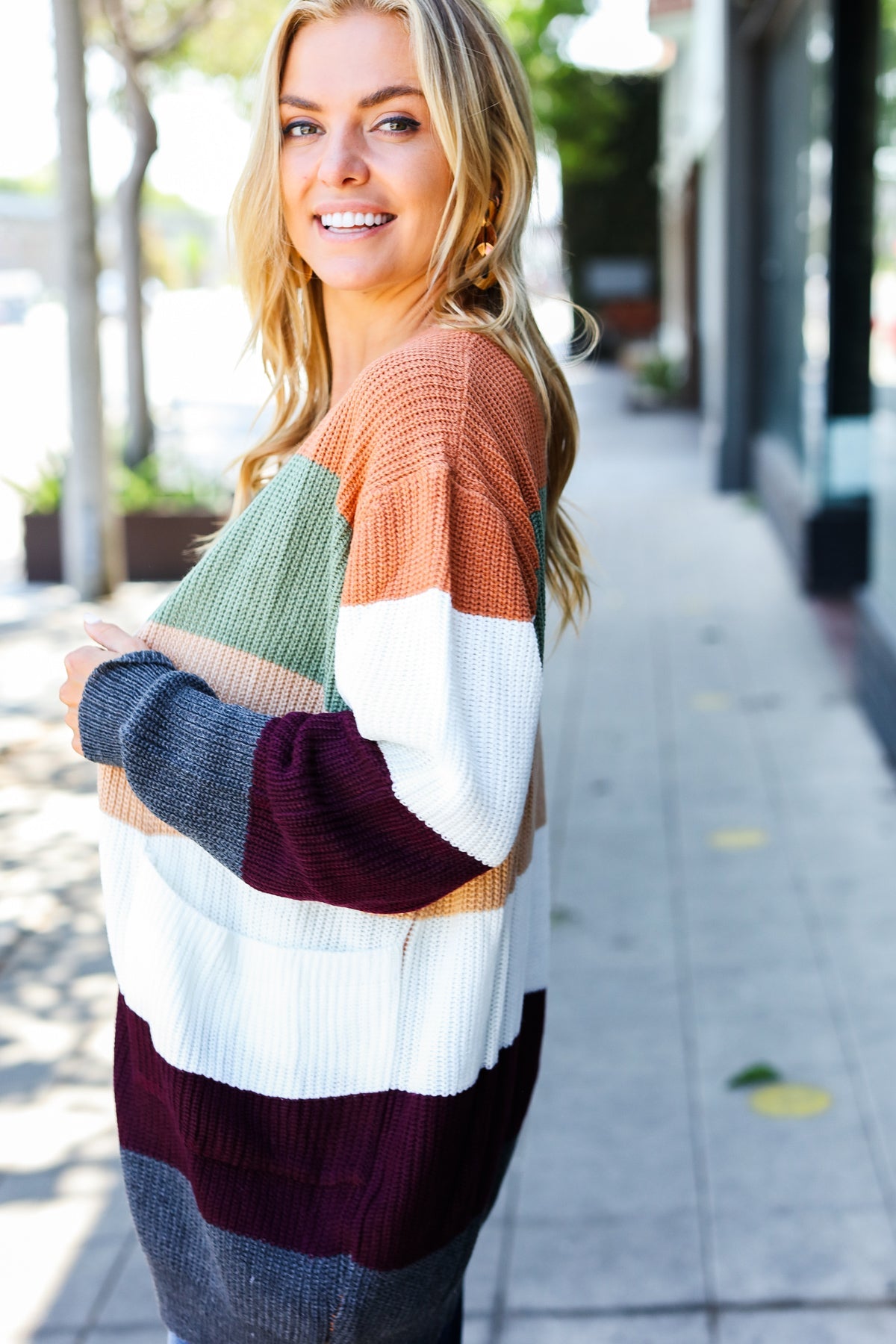 Plum & Olive Color Block Open Cardigan