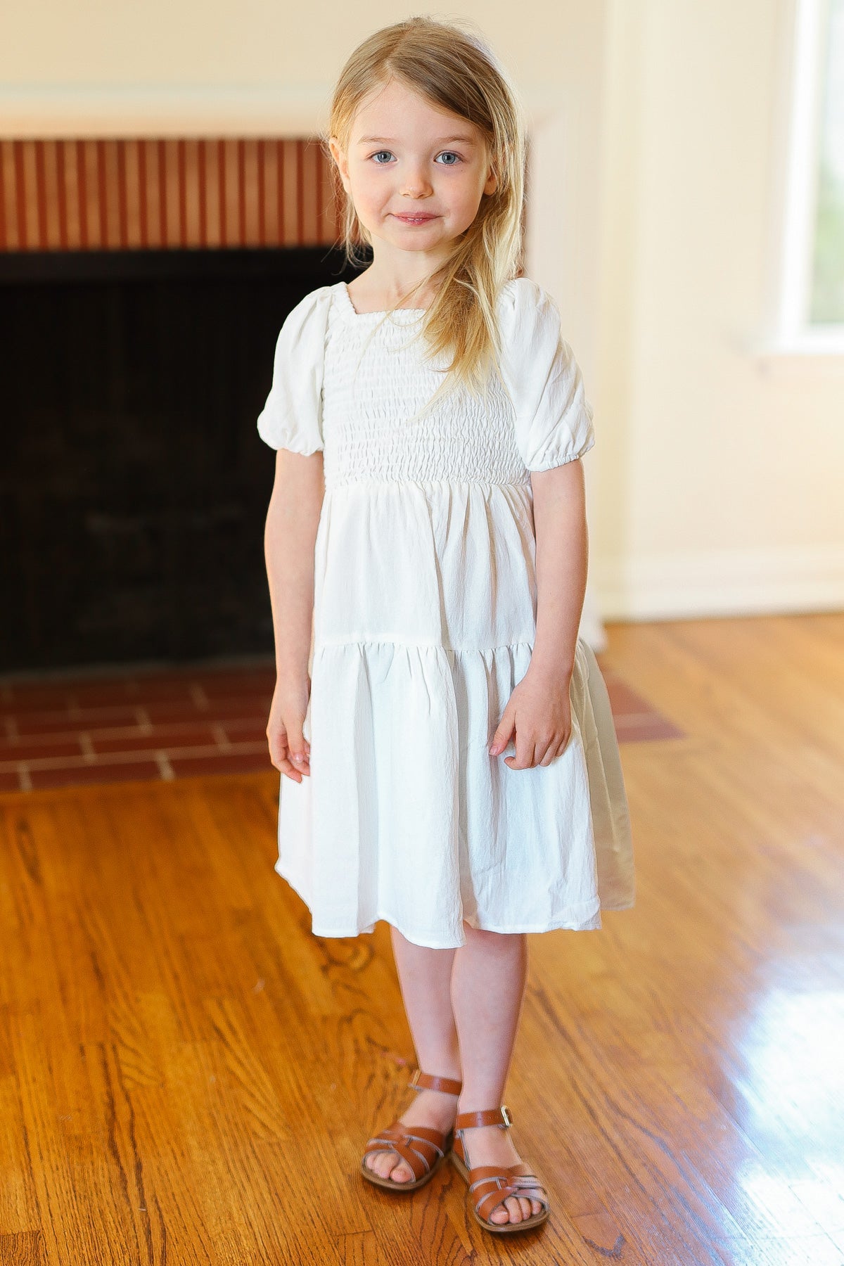 Ivory Smocked Bubble Sleeve Tiered Dress
