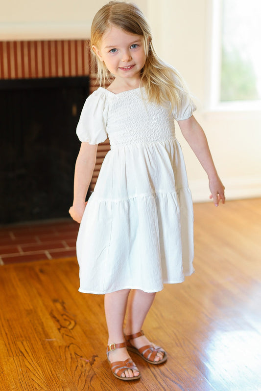 Ivory Smocked Bubble Sleeve Tiered Dress