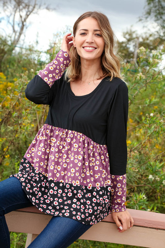 Black Mauve Floral Tiered Babydoll Top