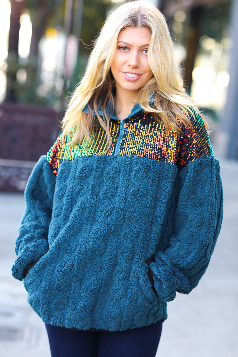 Teal Sequin & Sherpa Half Zip Pullover