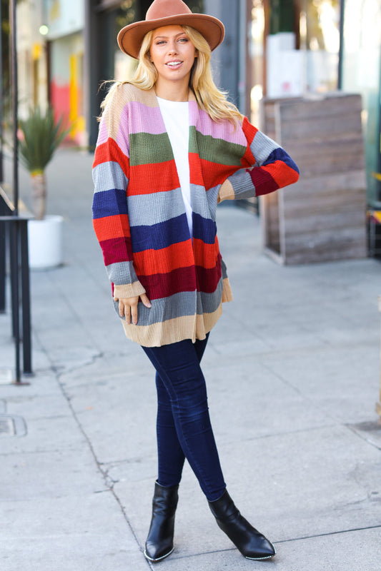 Multicolor Striped Slouchy Open Cardigan