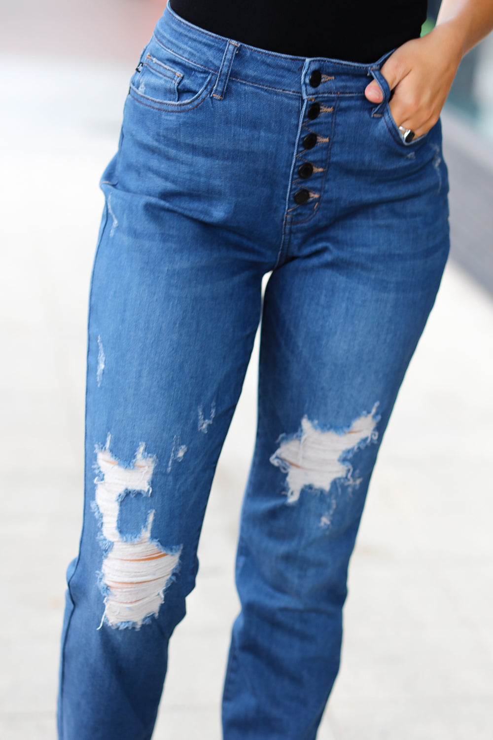 Boyfriend Fit Button Fly Distressed Jeans