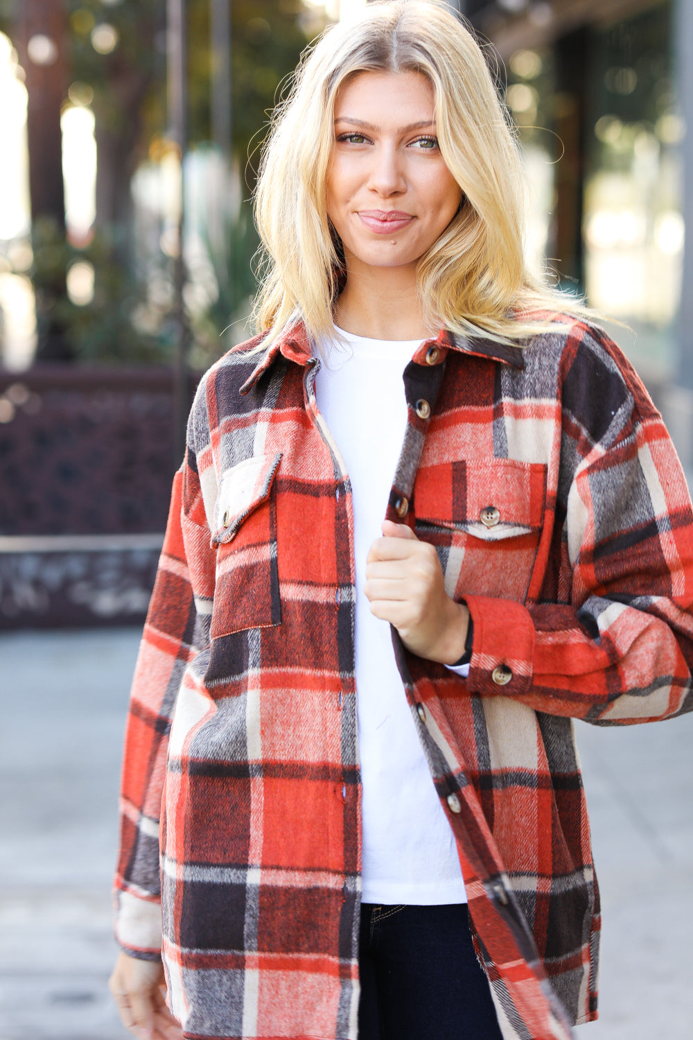 Rust Plaid Flannel Button Down Shacket