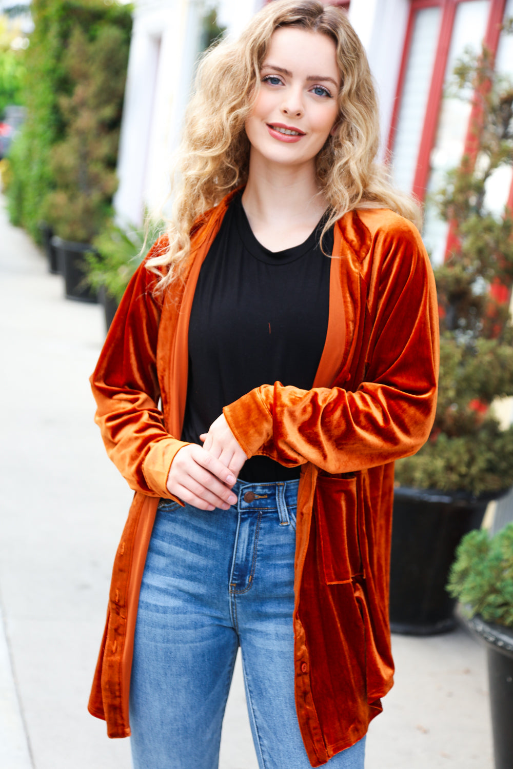 Rust Velvet Button Down Tunic Top