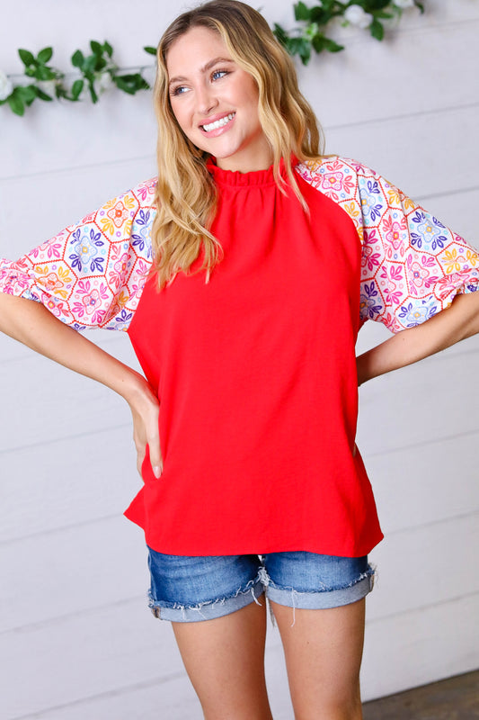 FINAL SALE - Red Mock Neck Floral Puff Sleeve Blouse Top - Size M