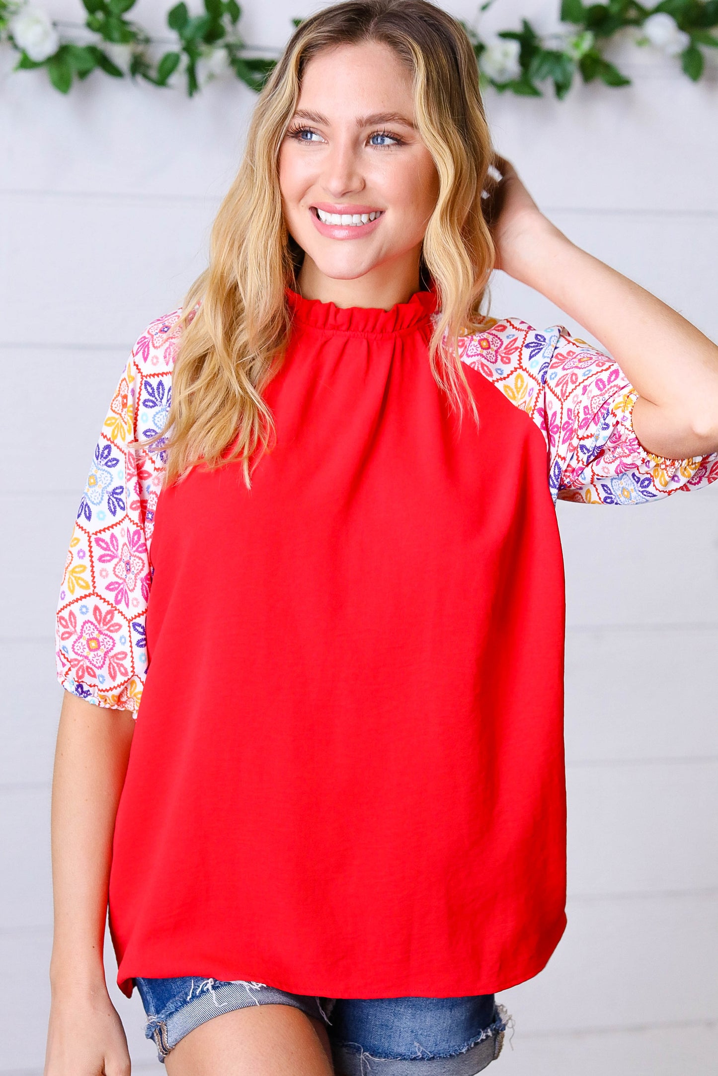 FINAL SALE - Red Mock Neck Floral Puff Sleeve Blouse Top - Size M