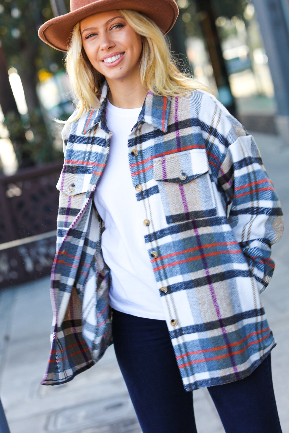 Taupe & Blue Plaid Flannel Button Down Shacket