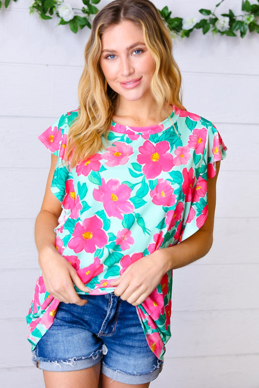 Mint Fuchsia Floral Flutter Sleeve Top