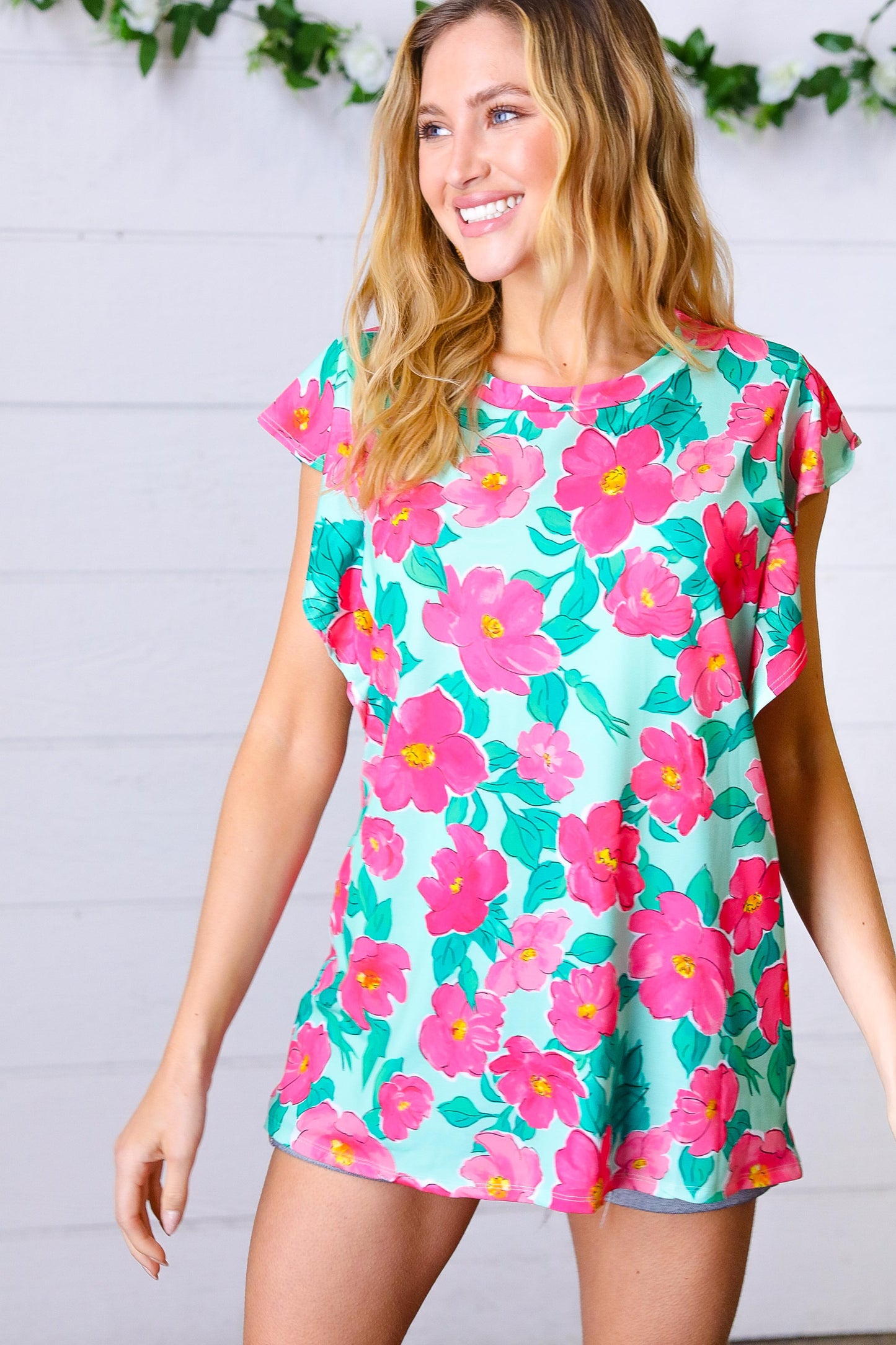 FINAL SALE - Mint Fuchsia Floral Flutter Sleeve Top - Size 2X