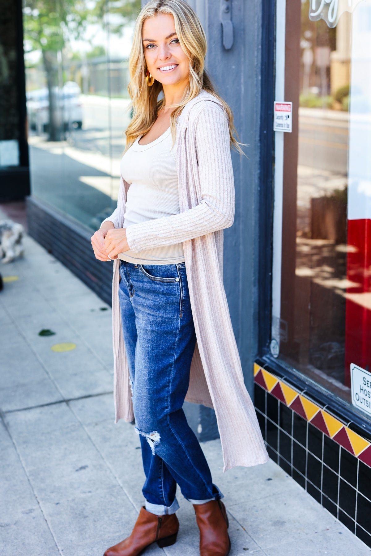 Taupe Ribbed Hooded Open Cardigan