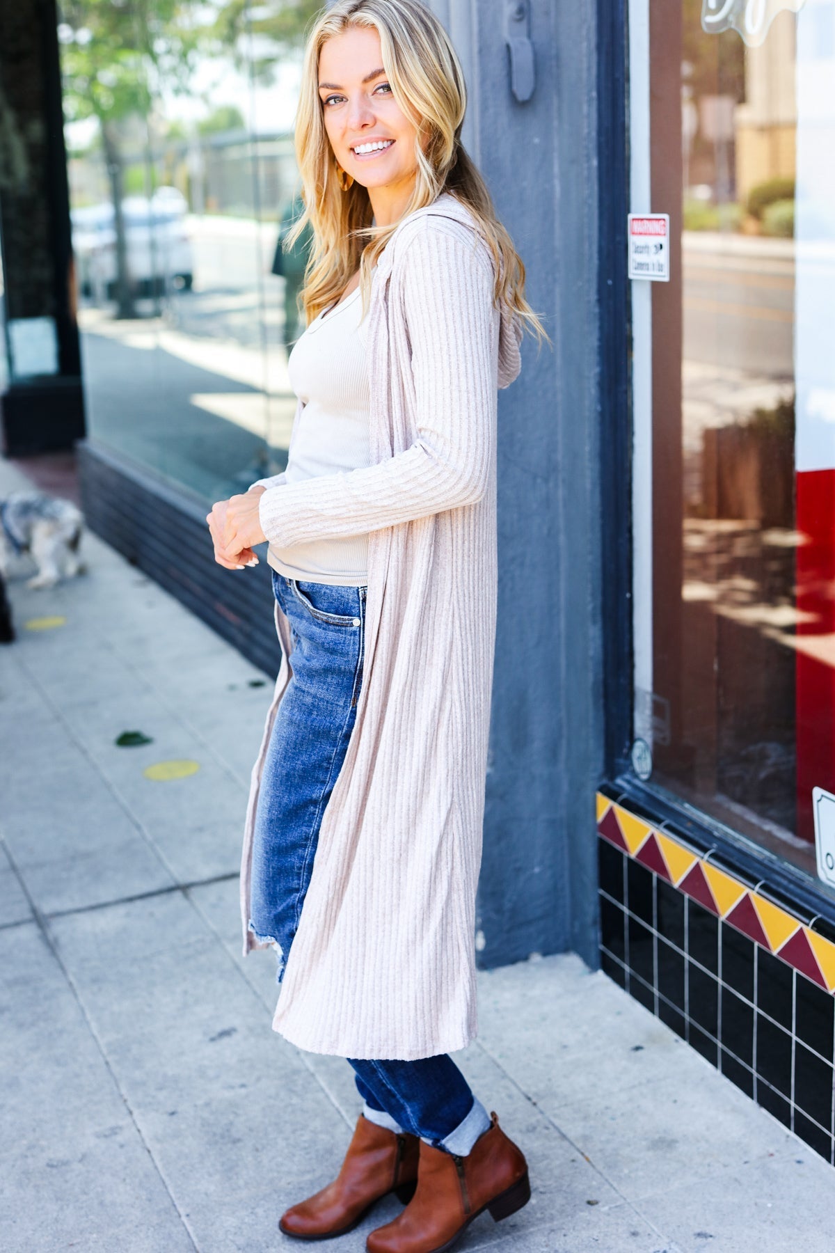 Taupe Ribbed Hooded Open Cardigan