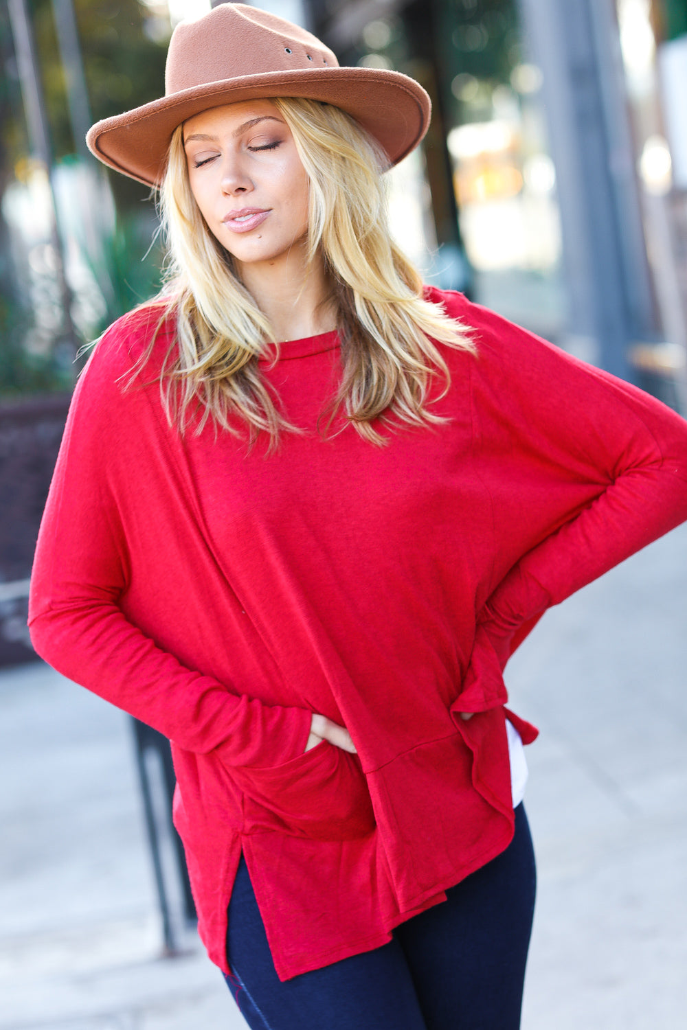 Red Hacci Dolman Pocketed Sweater Top