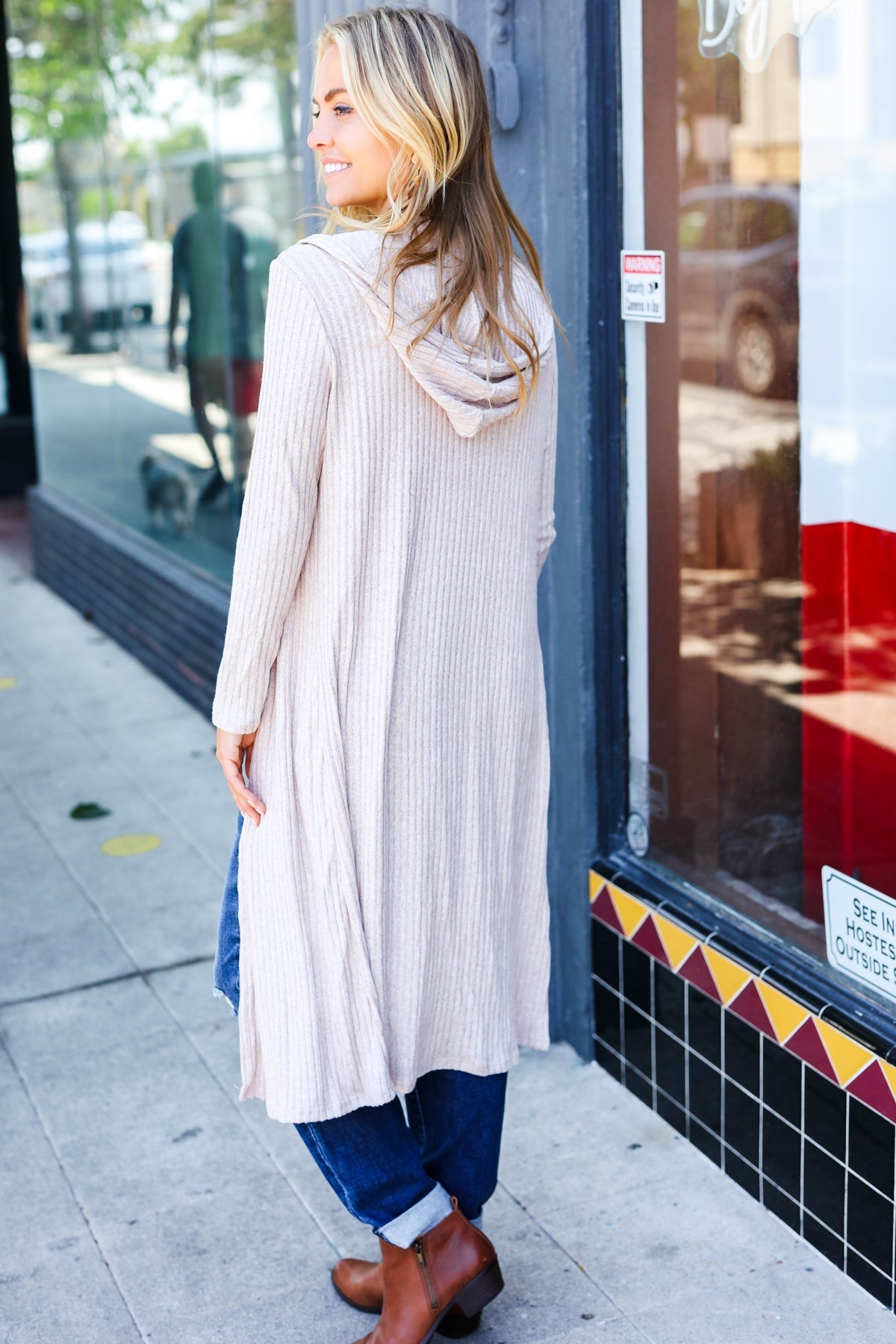 Taupe Ribbed Hooded Open Cardigan