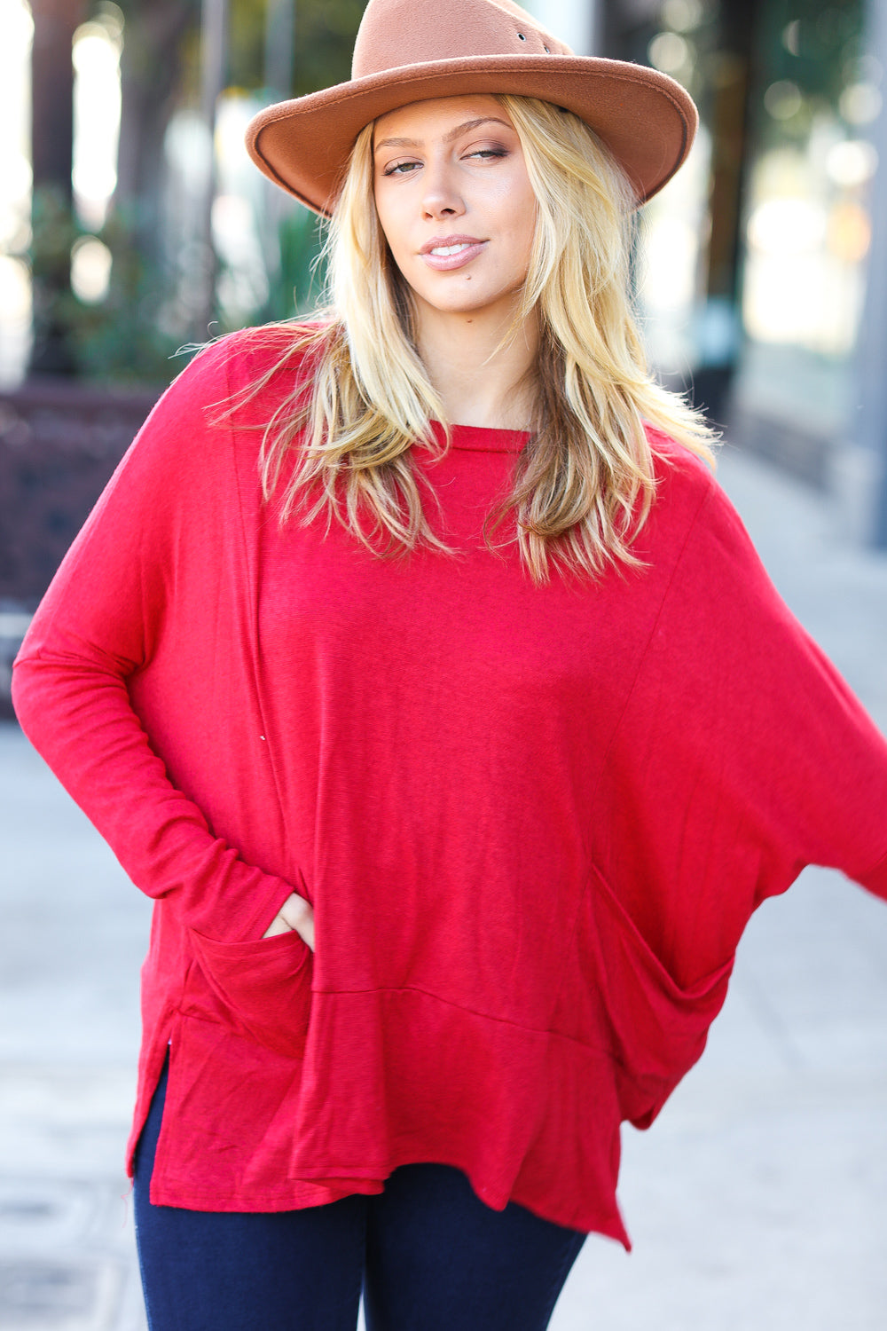 Red Hacci Dolman Pocketed Sweater Top