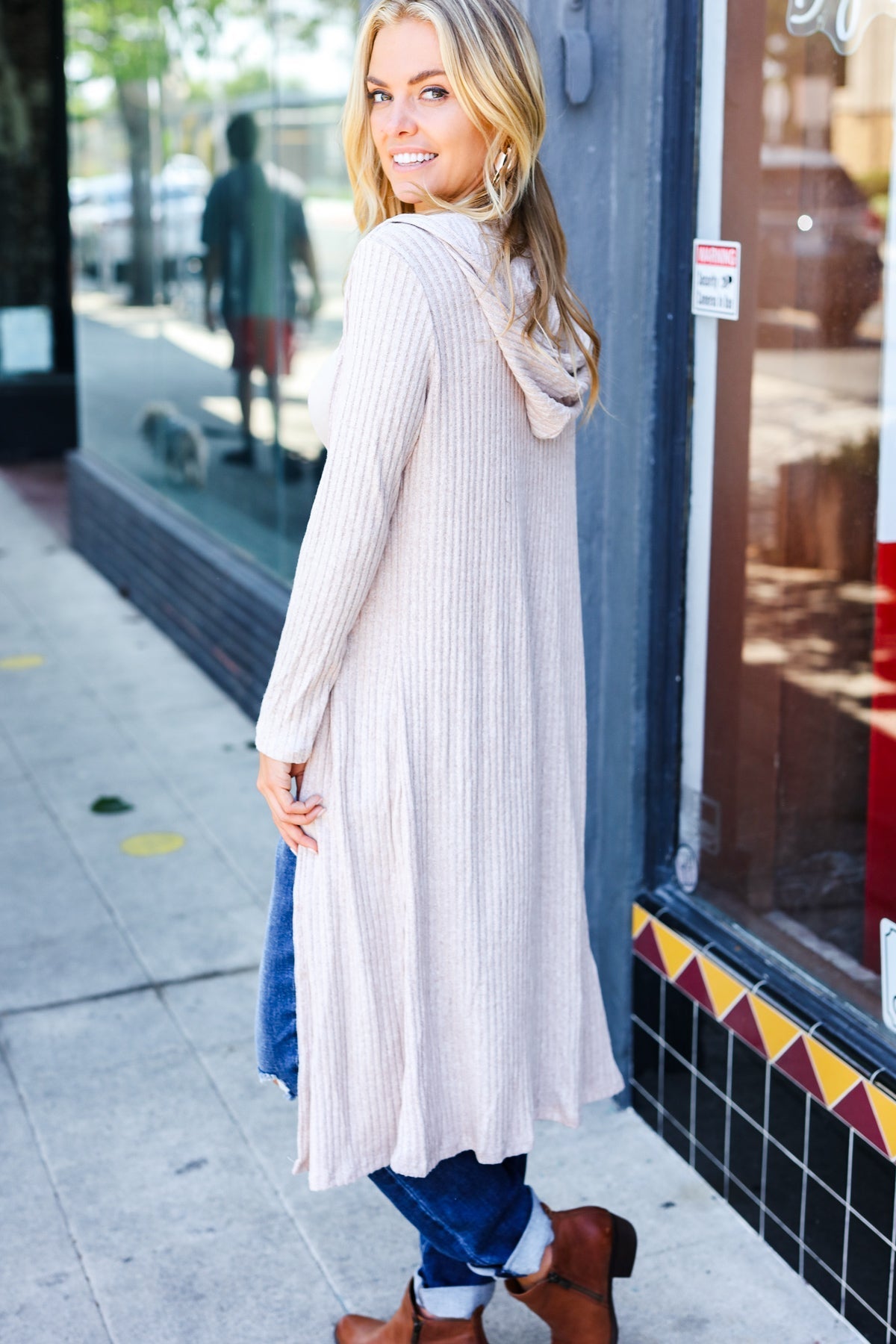 Taupe Ribbed Hooded Open Cardigan