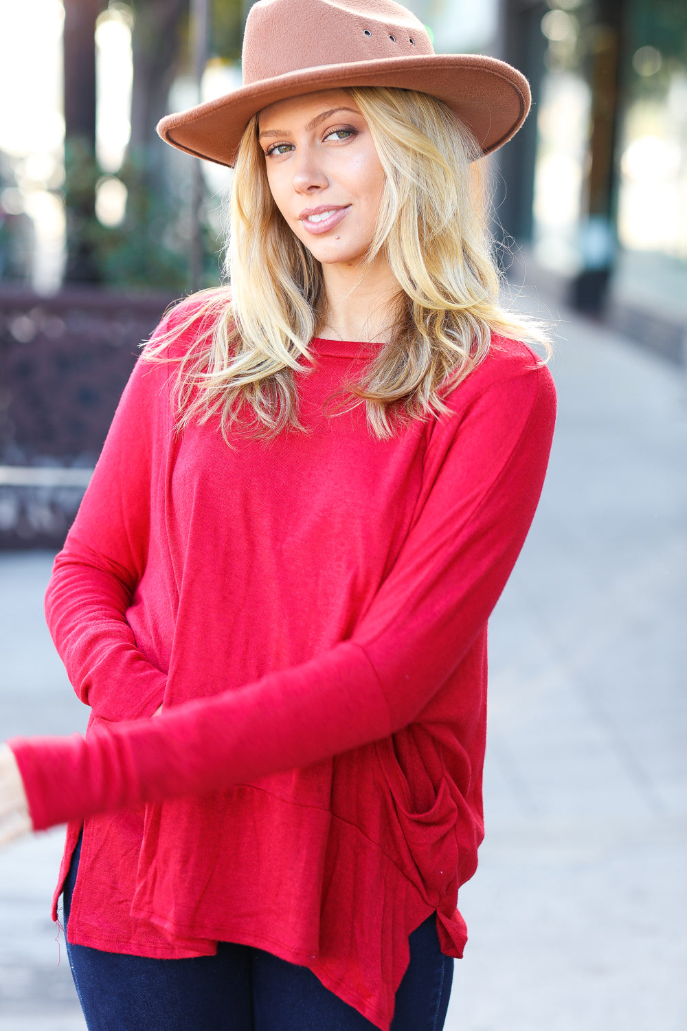 Red Hacci Dolman Pocketed Sweater Top