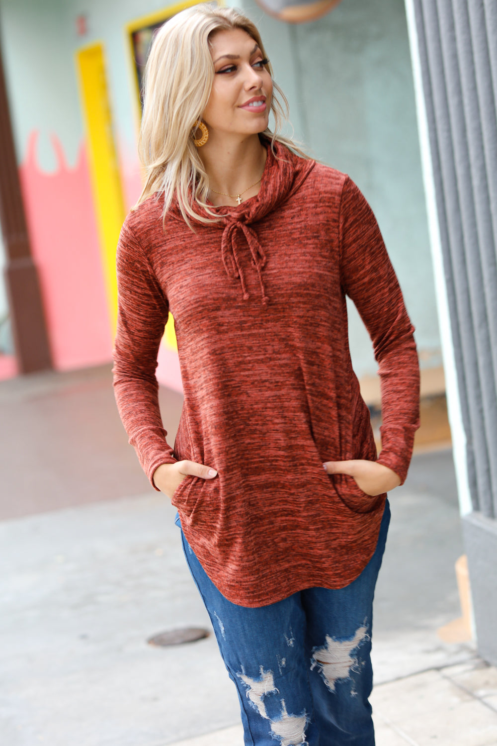 Rust Marled Cowl Neck Pocket Knit Top