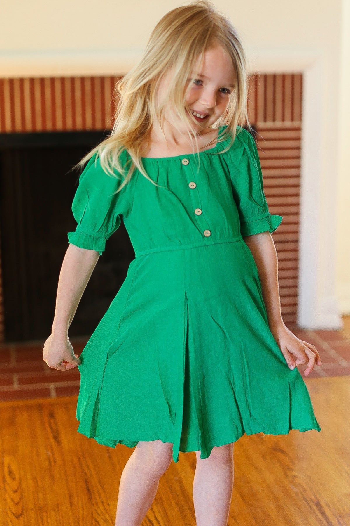Green Puff Sleeve Button Fit & Flare Dress