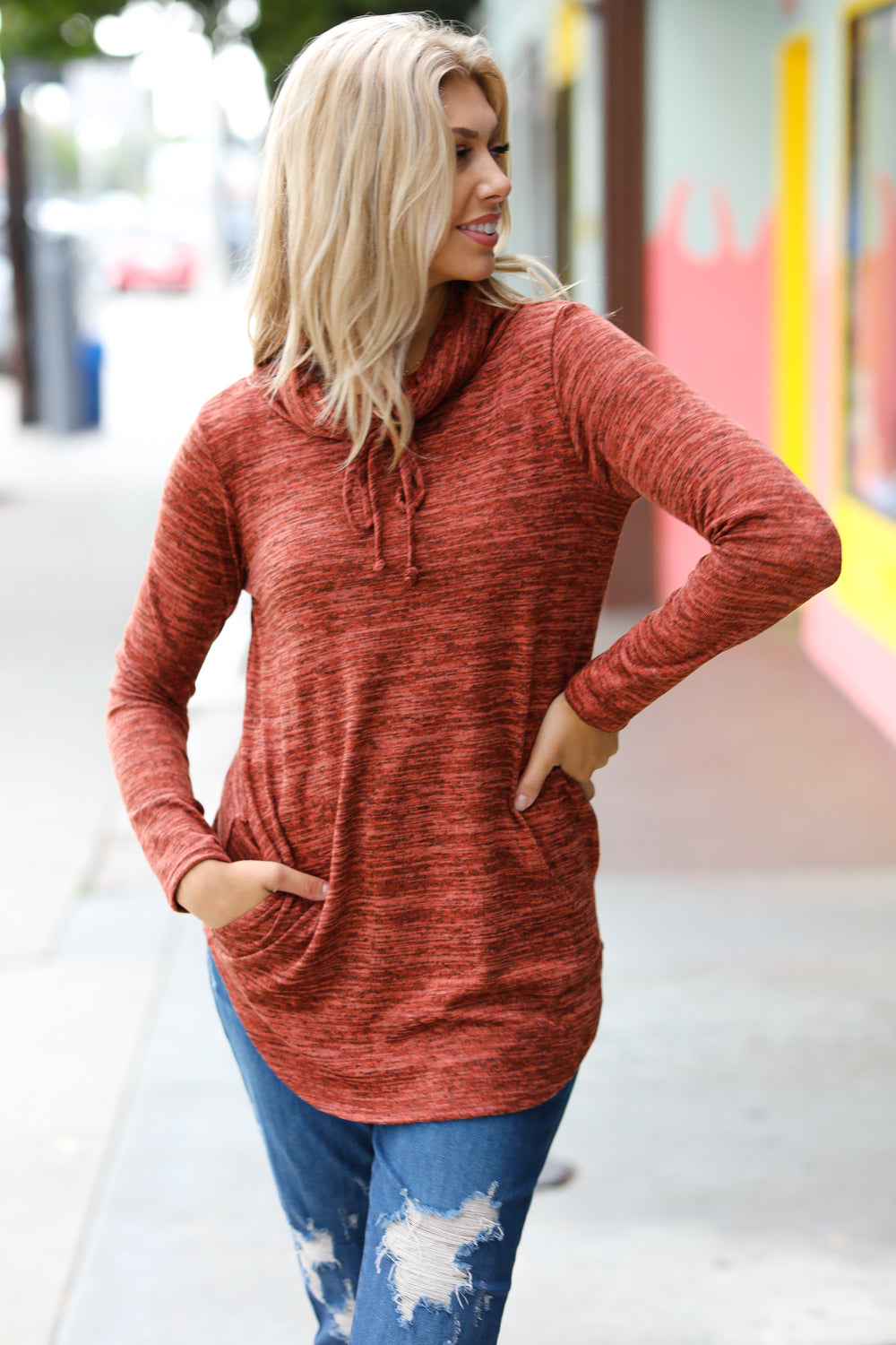 Rust Marled Cowl Neck Pocket Knit Top