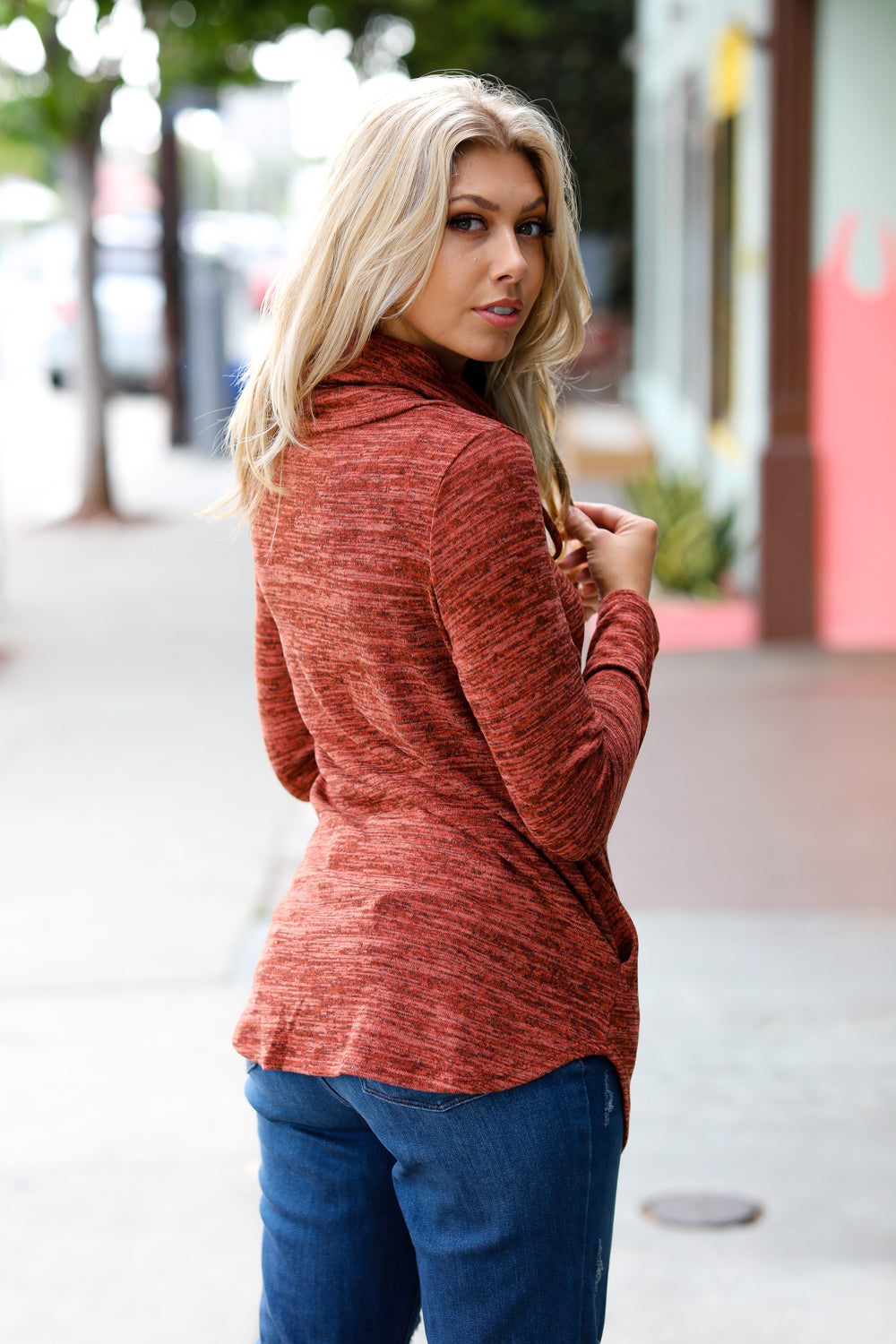 Rust Marled Cowl Neck Pocket Knit Top