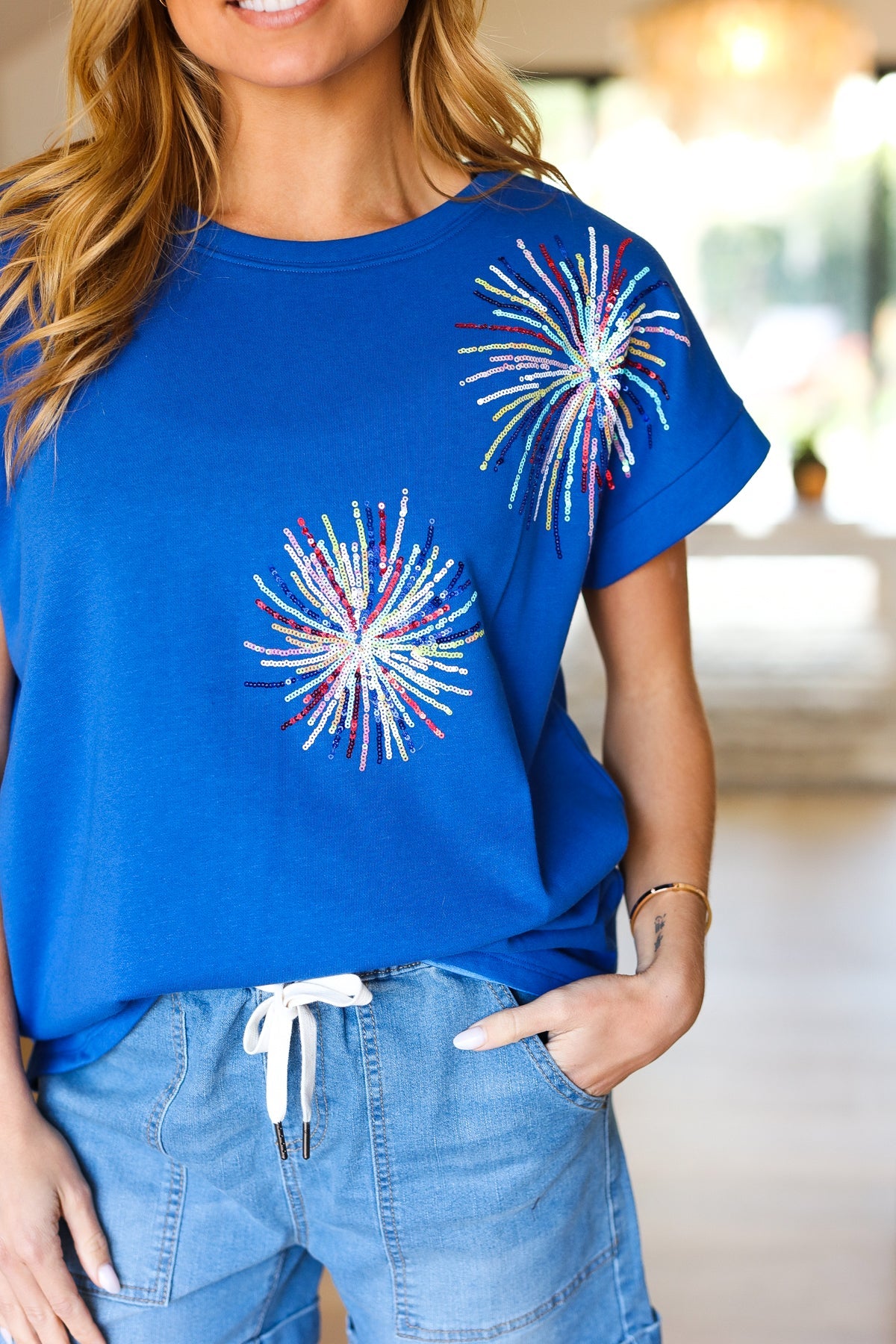 Blue Sequin Firework Dolman Top