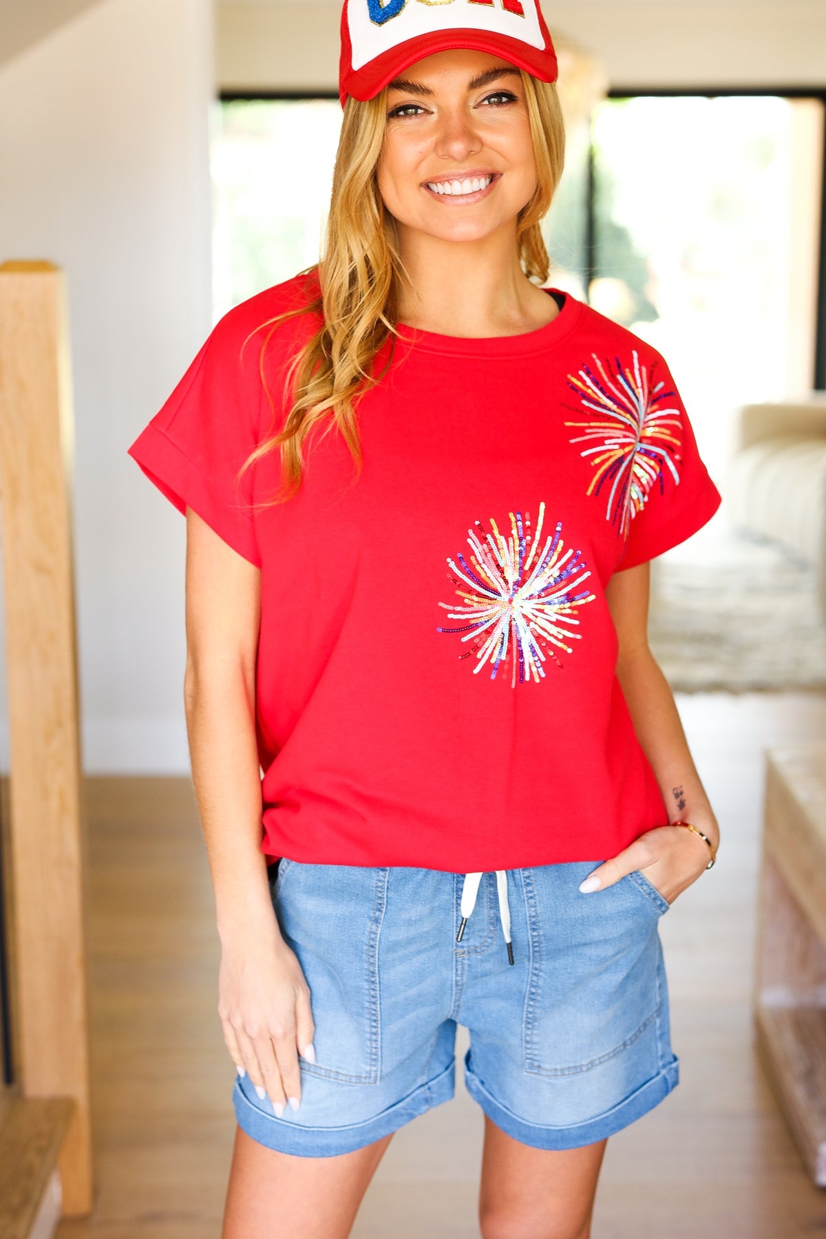 Red Sequin Firework Dolman Top