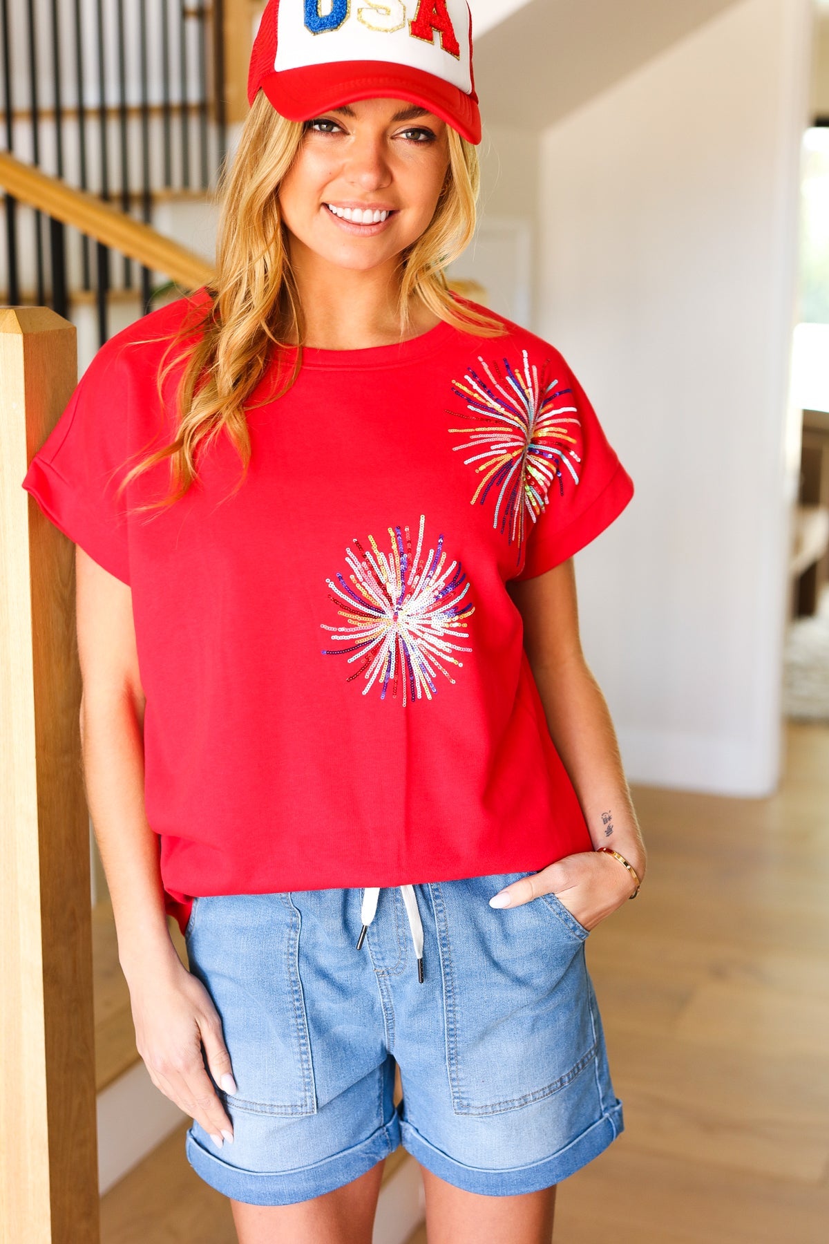 Red Sequin Firework Dolman Top