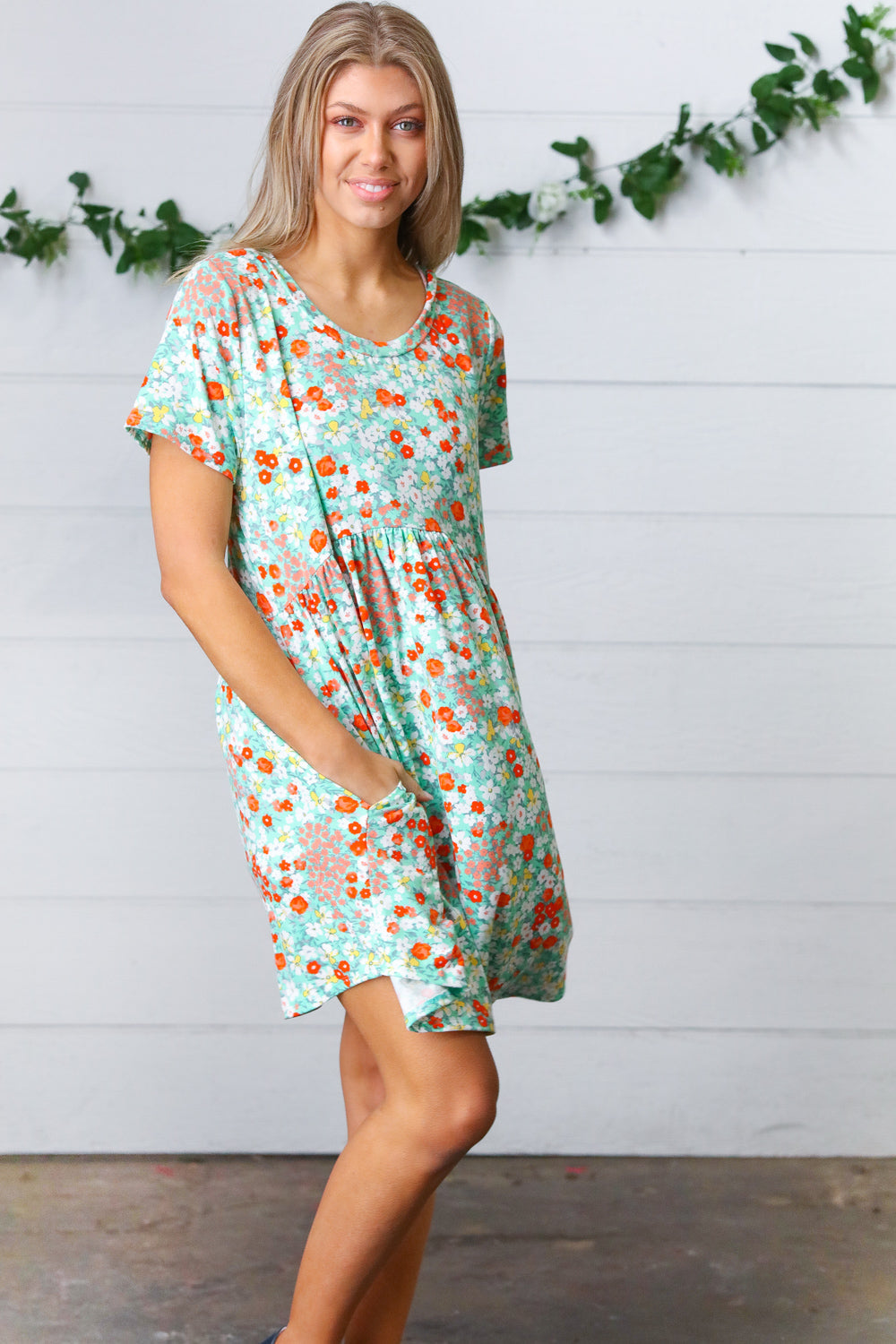 Mint & Coral Floral Babydoll Fit and Flare Dress