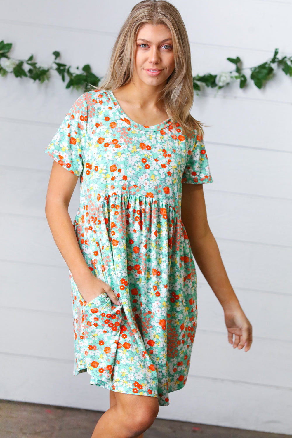 Mint & Coral Floral Babydoll Fit and Flare Dress